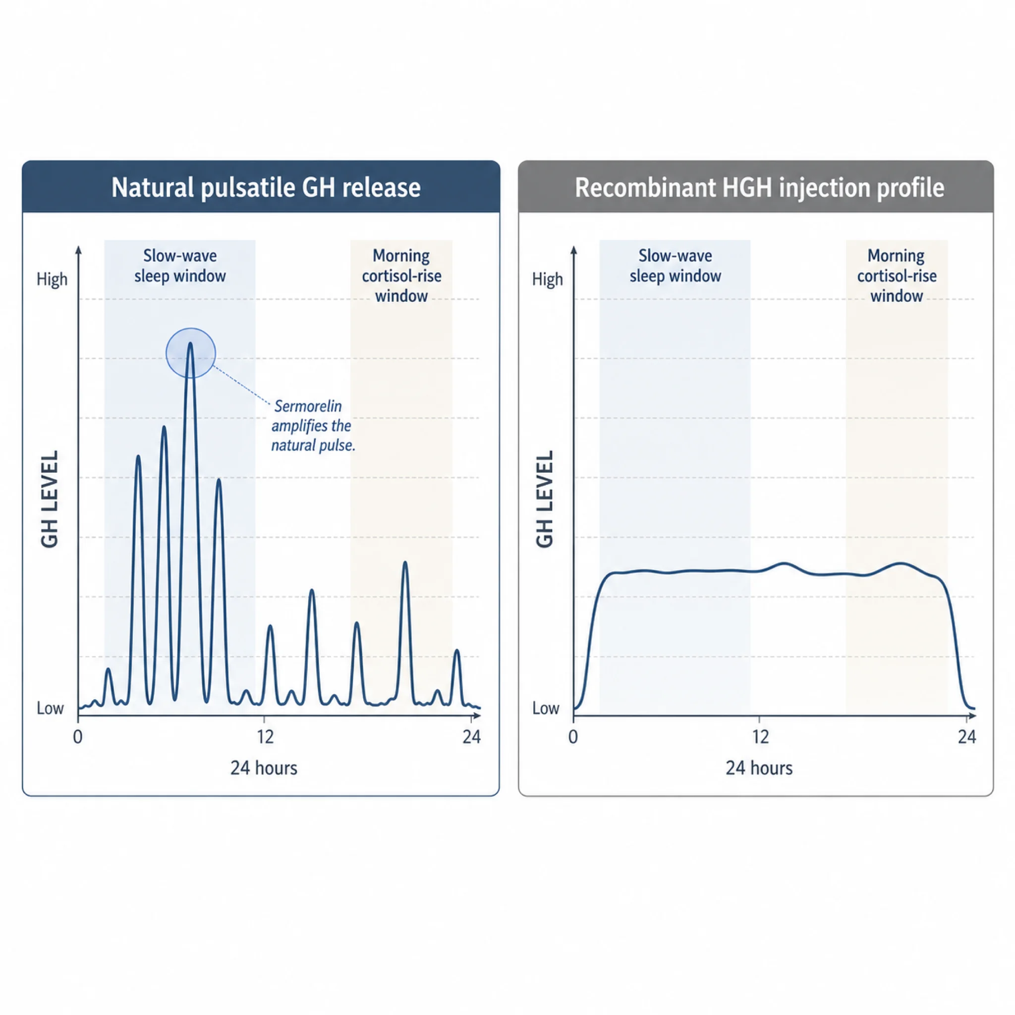 Side-by-side waveform comparison of natural pulsatile growth hormone secretion versus continuous elevation from recombinant HGH