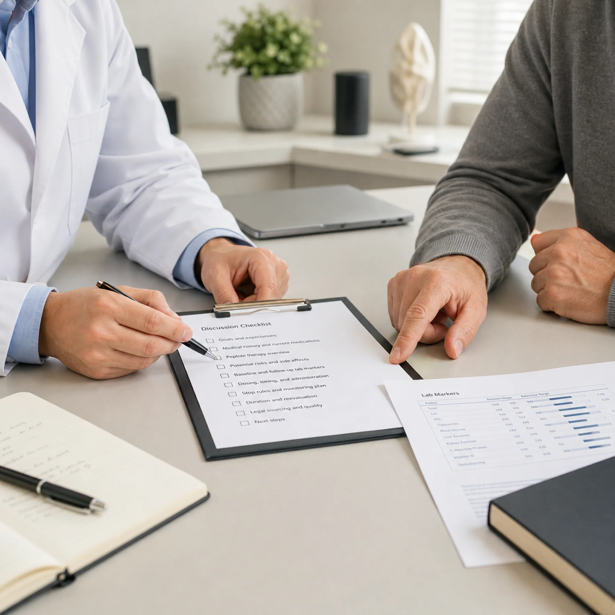Clinician and patient reviewing peptide therapy questions and stop rules