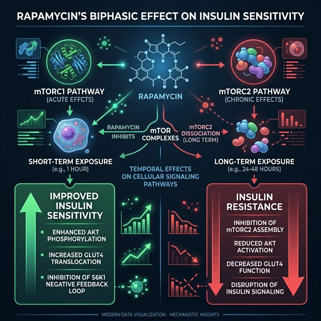 Infographic showing rapamycin's biphasic effect on insulin sensitivity over time, from improvement to resistance