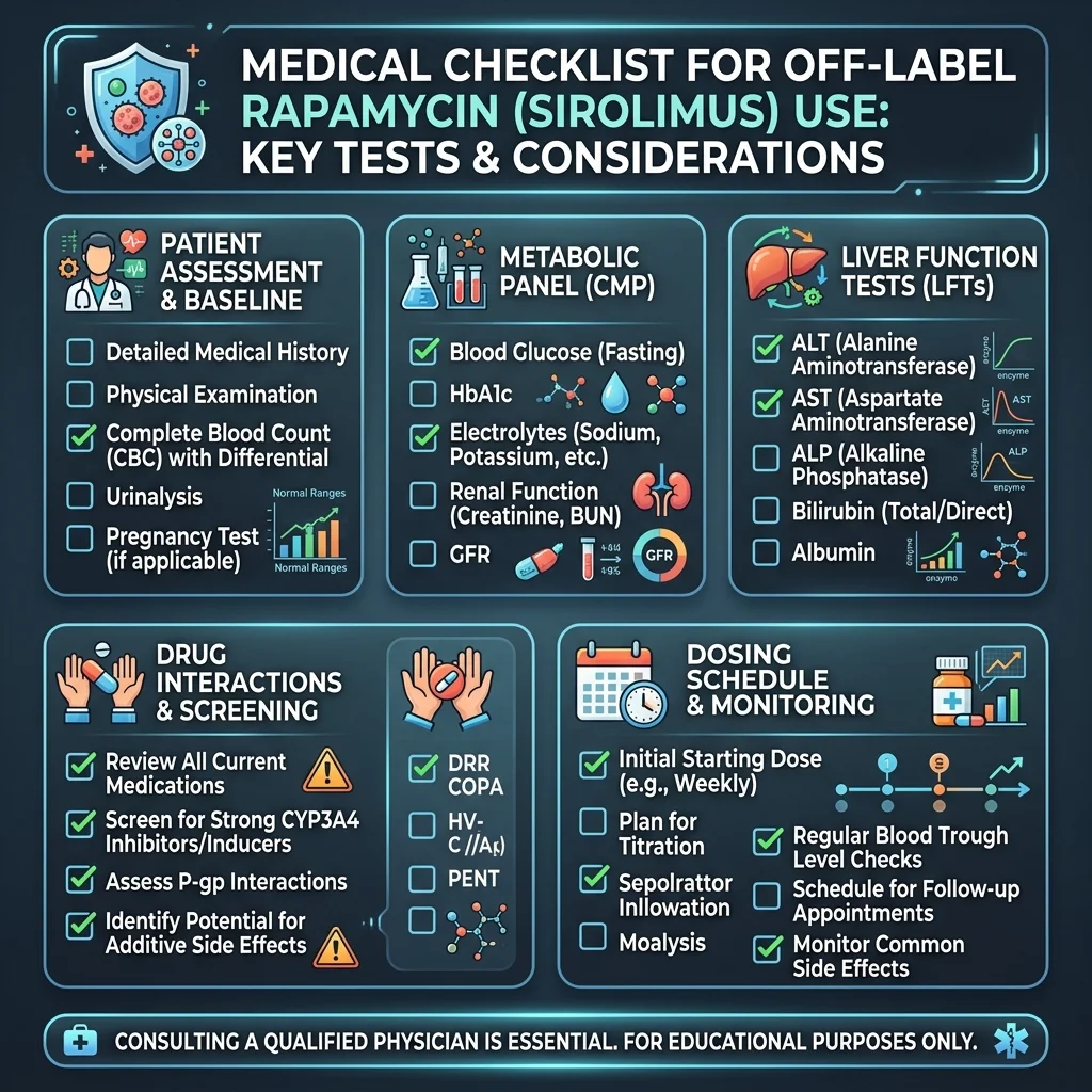Medical checklist showing key tests and monitoring requirements before starting off-label rapamycin