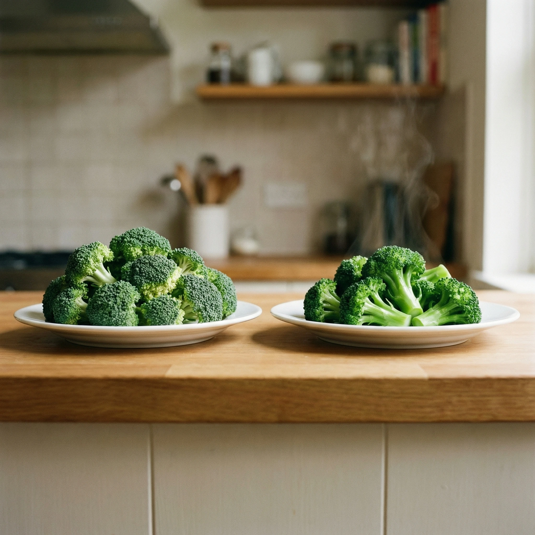 Two plates comparing raw broccoli florets and lightly steamed broccoli on a kitchen counter.