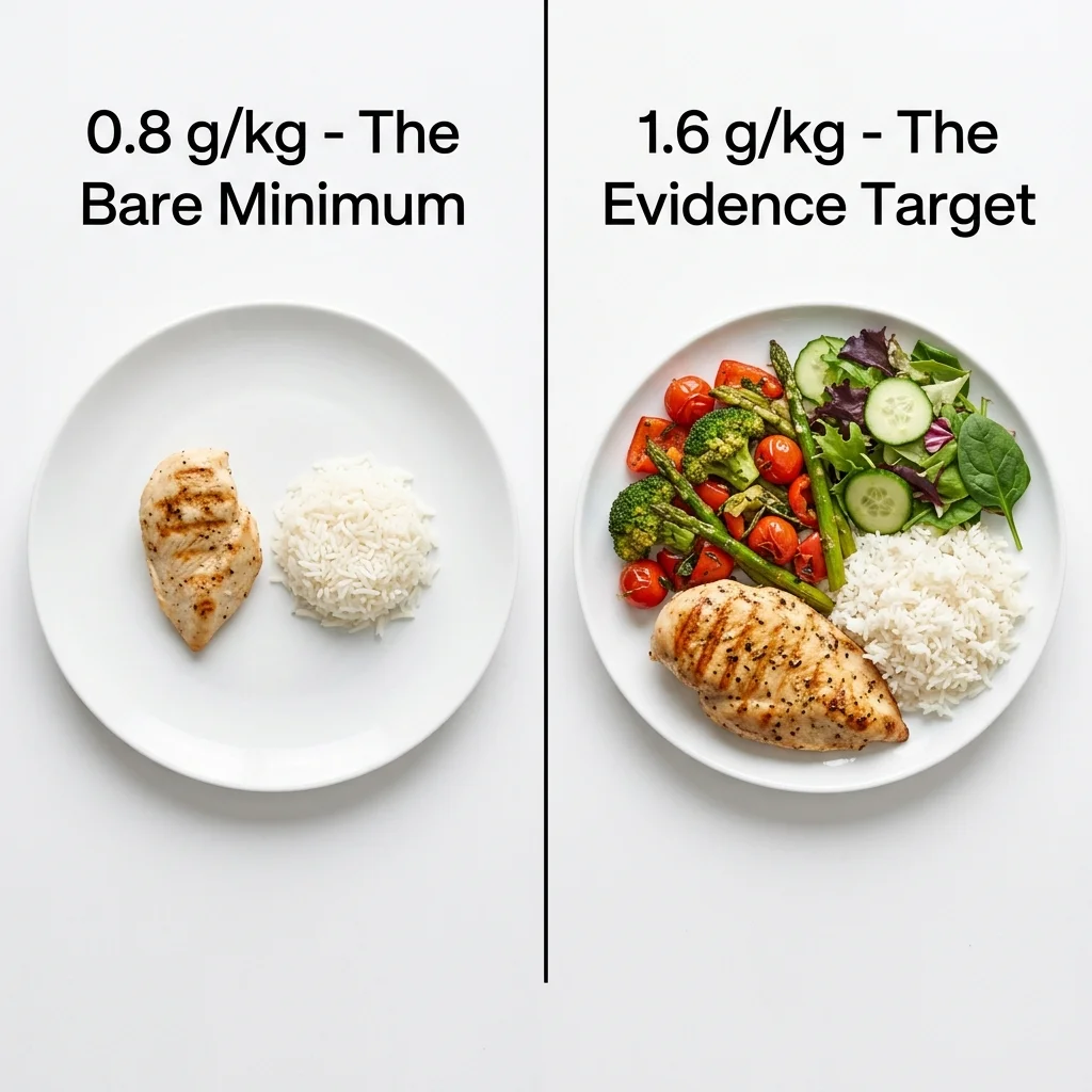 Side-by-side comparison of minimal RDA protein intake versus evidence-based optimal protein intake on dinner plates