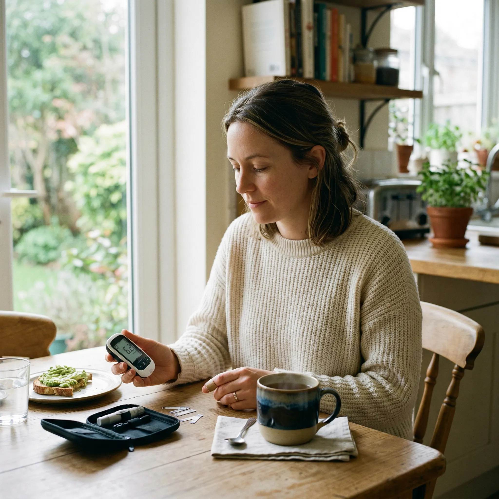 Person checking blood glucose meter reading while sitting at a kitchen table looking concerned