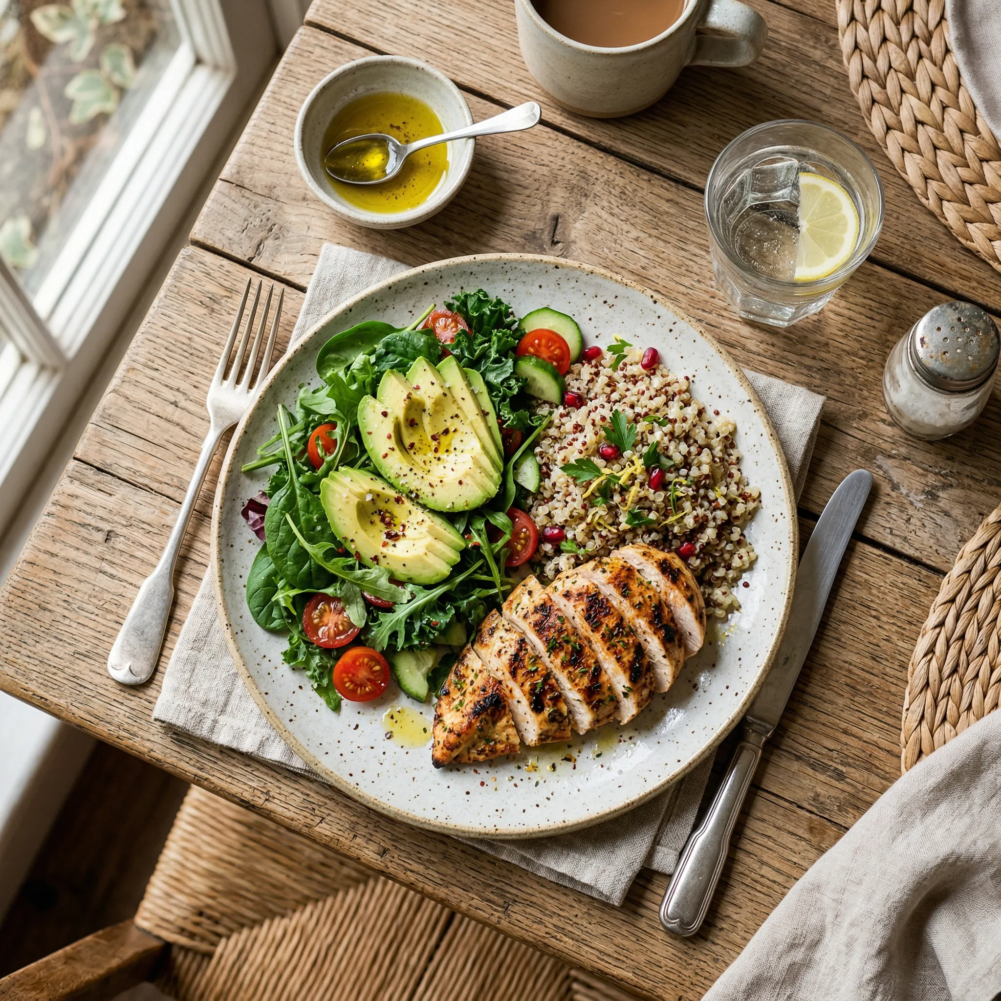 Balanced plate featuring grilled salmon, quinoa, steamed vegetables, and a side of mixed nuts arranged for meal prep