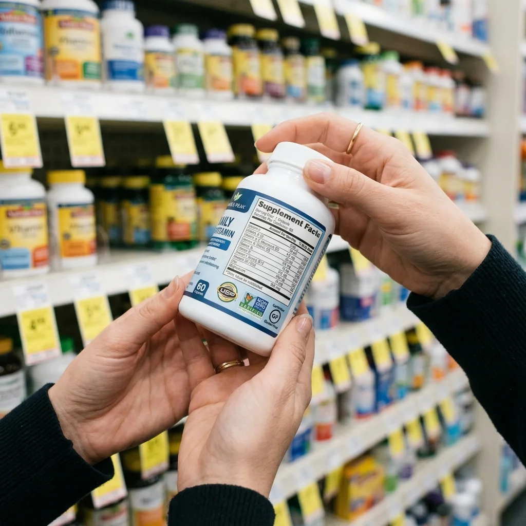 Consumer reading the nutrition label and certification seals on a supplement bottle in a pharmacy