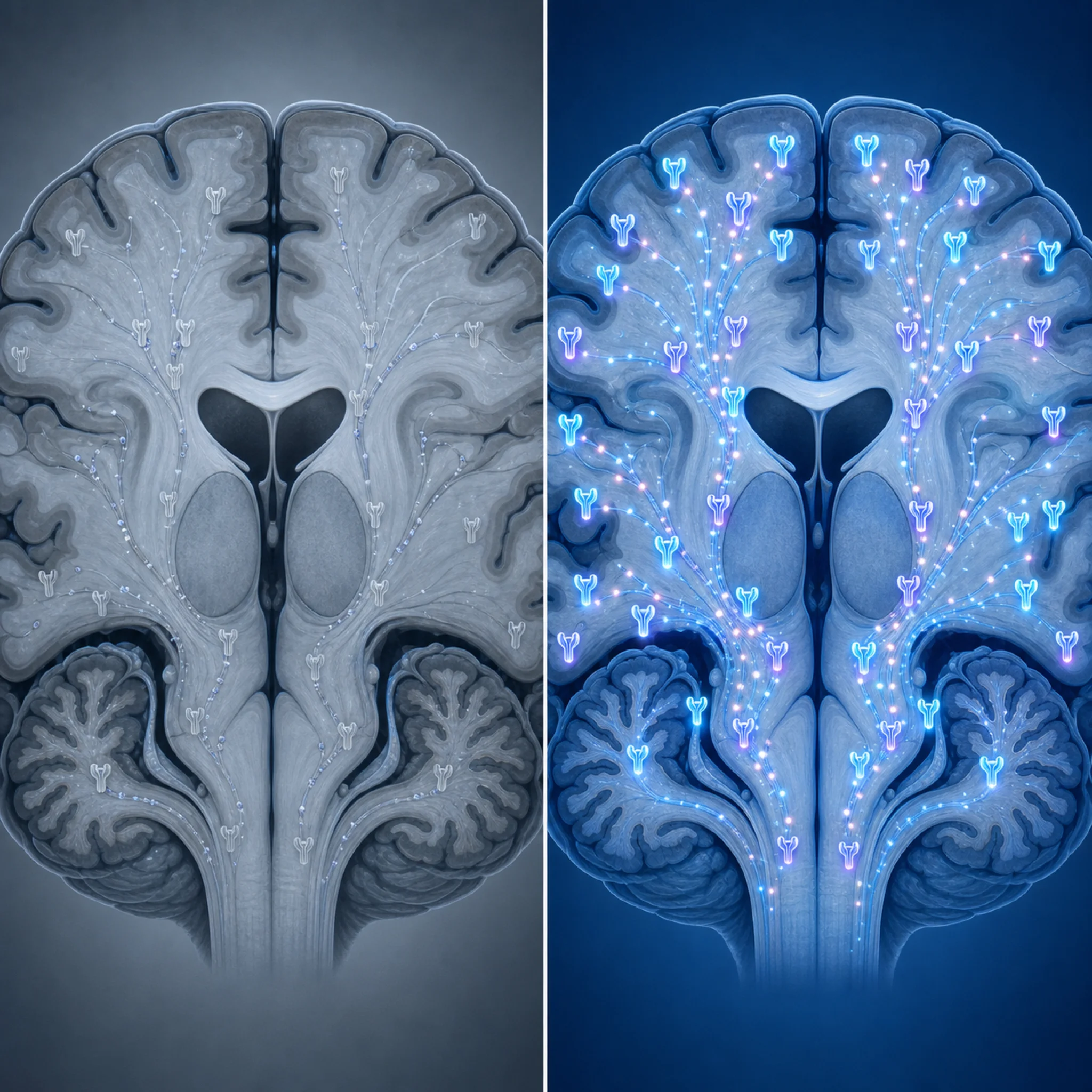 Brain illustration comparing receptor changes from benzodiazepine use versus peptide modulation
