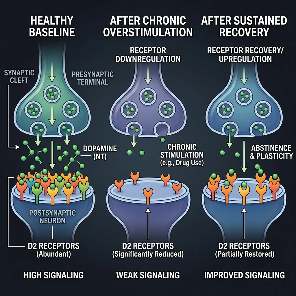 Three-stage diagram showing D2 dopamine receptor density at baseline, after overstimulation, and during recovery