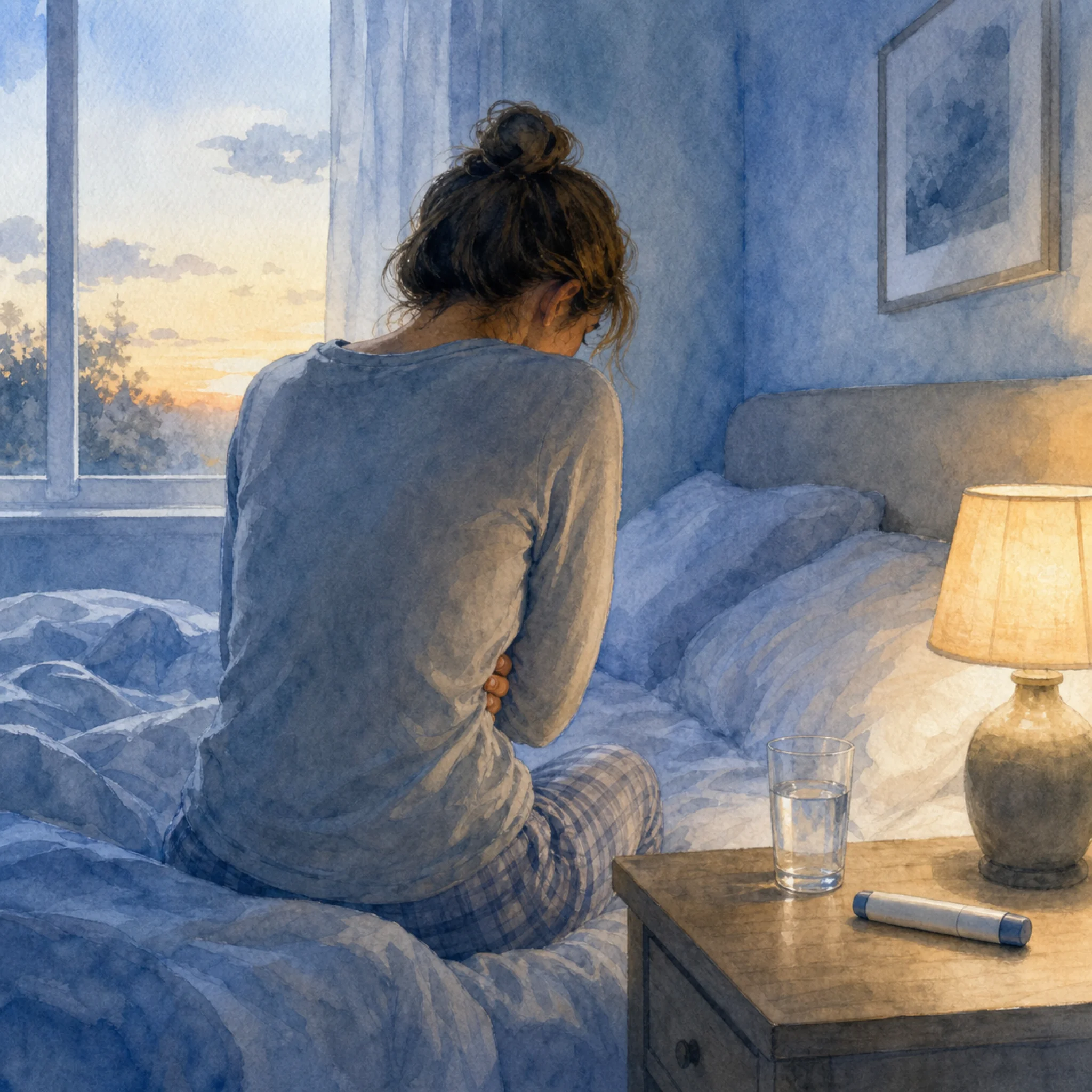 Illustrated scene of a woman sitting on the edge of her bed in dim light after her first Vyleesi injection, with a glass of water and the autoinjector pen on a nearby table.