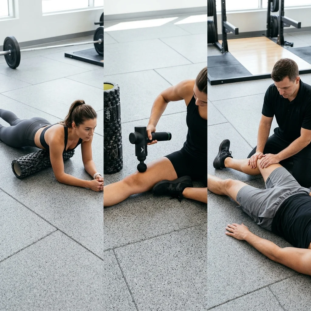 Side-by-side comparison of foam roller, massage gun, and manual massage recovery tools