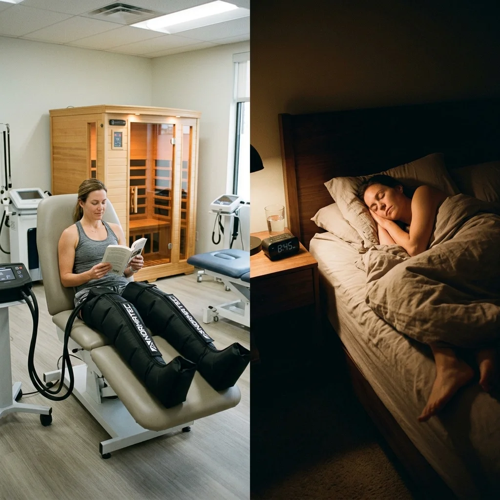 Split comparison between expensive recovery technology and the fundamental importance of quality sleep for athletic recovery