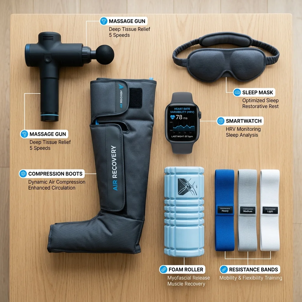 Flat lay arrangement of modern recovery tools including massage gun, compression boots, smartwatch, and foam roller