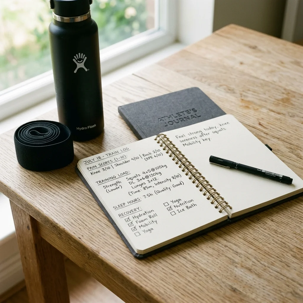 Athlete recovery notebook tracking pain, training load, and sleep