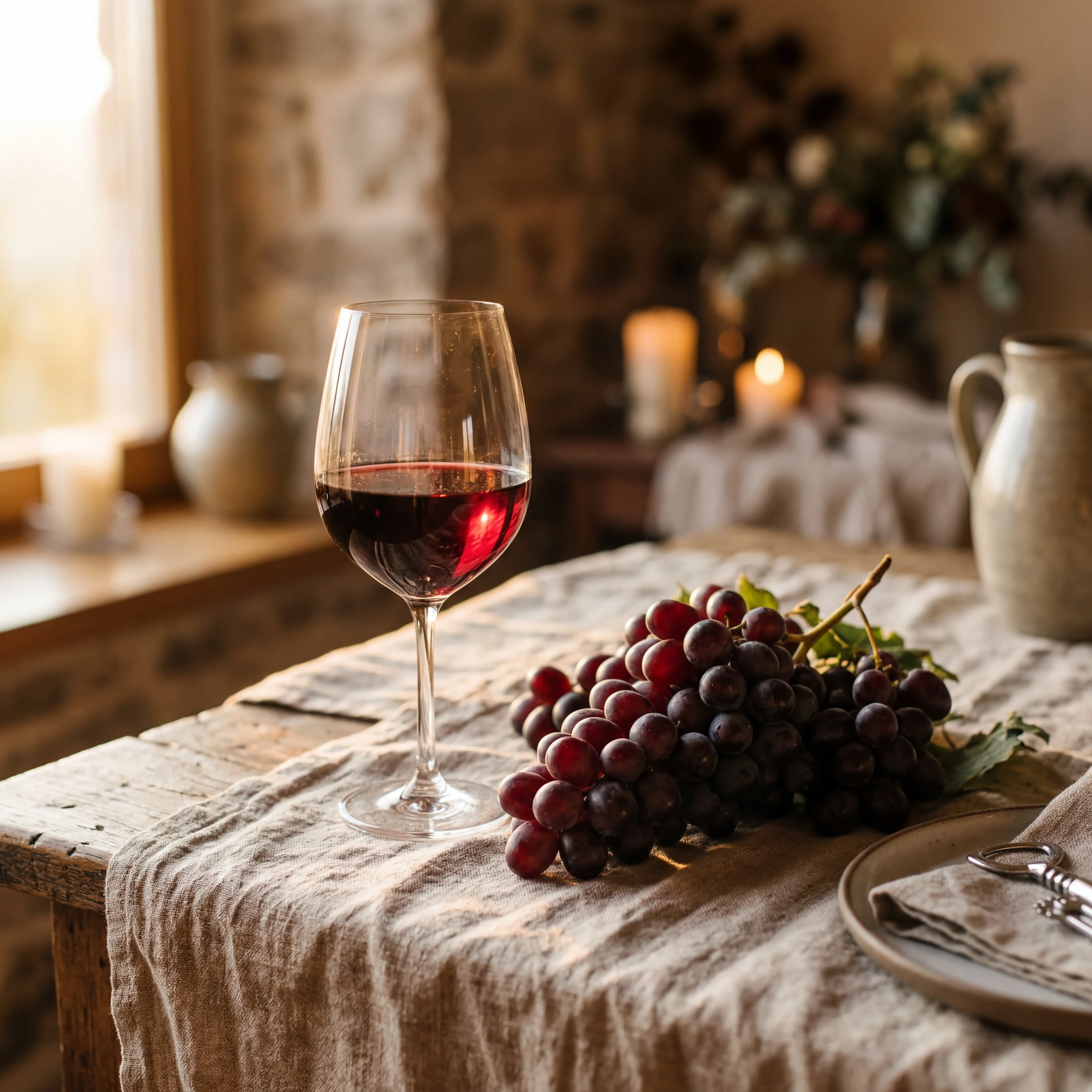 Glass of red wine beside a cluster of dark red grapes on a rustic tablecloth with warm lighting