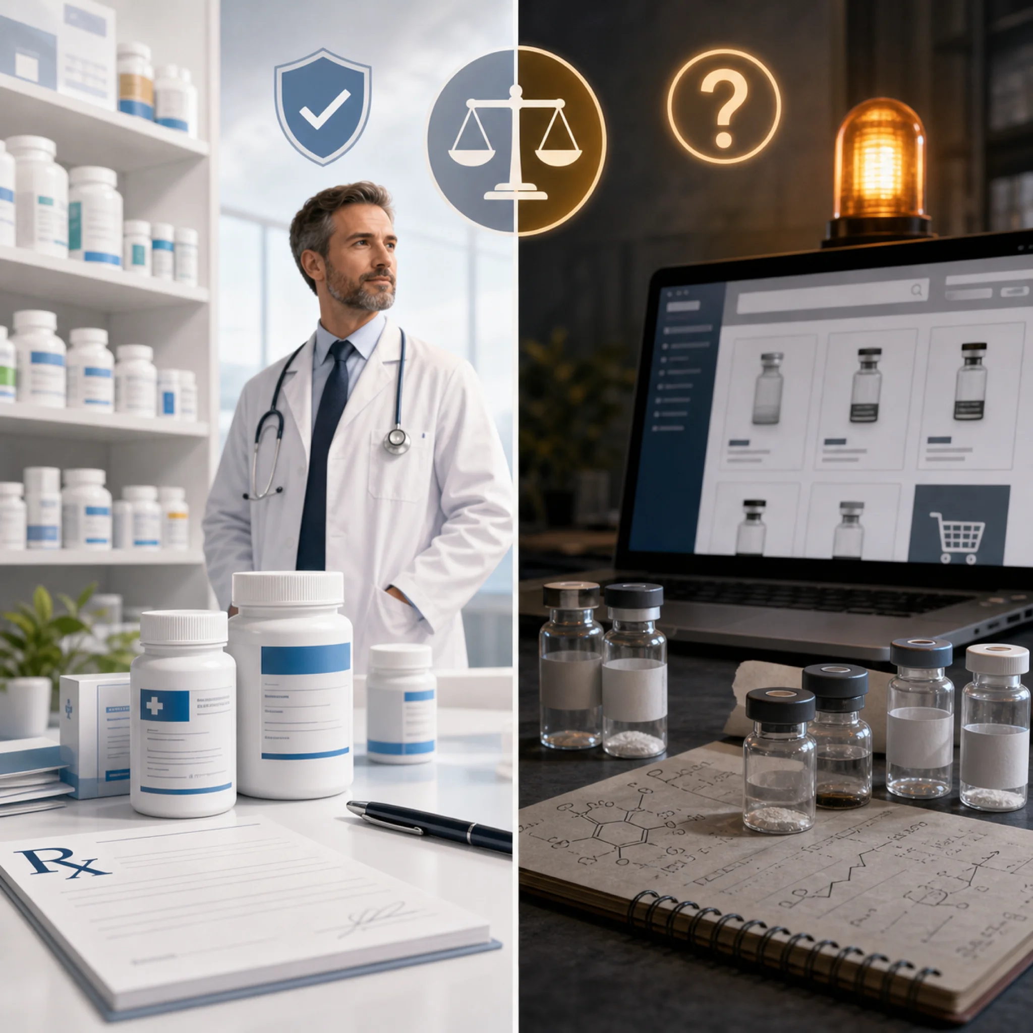 Illustration contrasting FDA-regulated pharmaceutical access with gray-market peptide purchasing