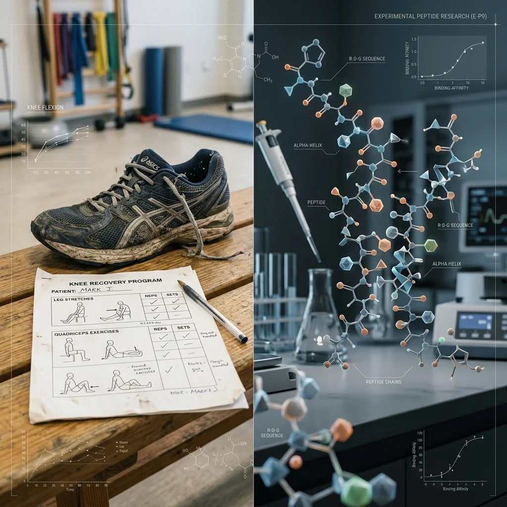 Physical therapy plan contrasted with abstract peptide molecules