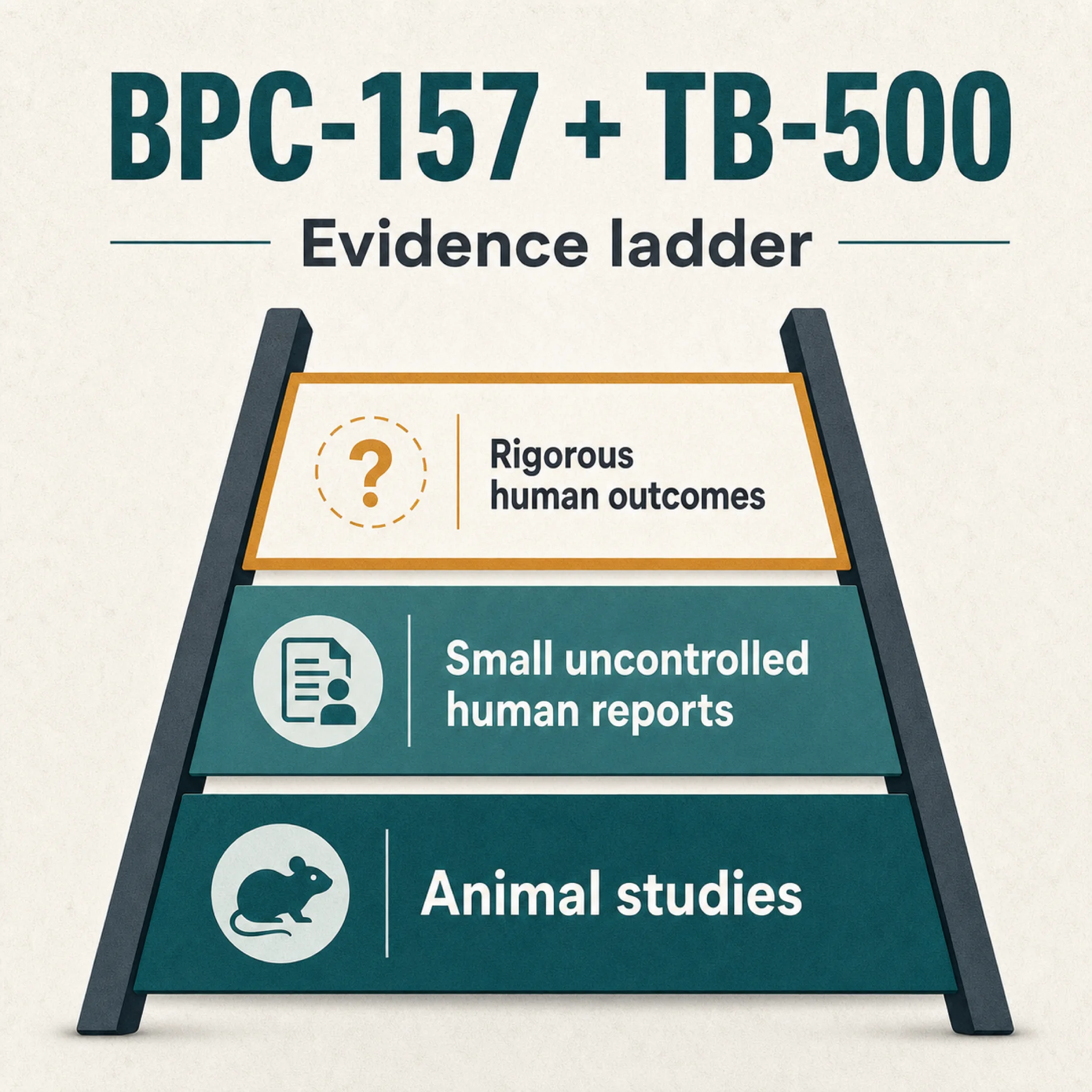 Evidence ladder showing the human-data gap for repair peptides
