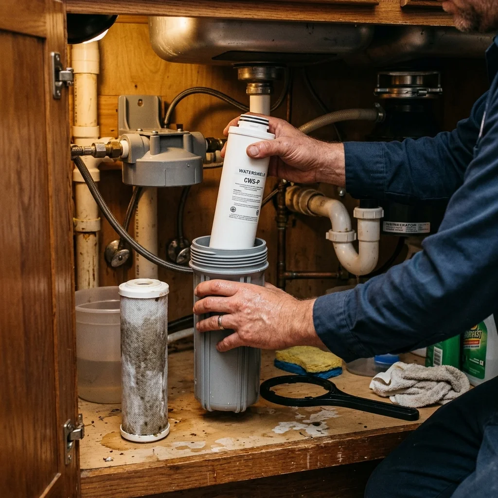Hands replacing a water filter cartridge under a kitchen sink during routine maintenance