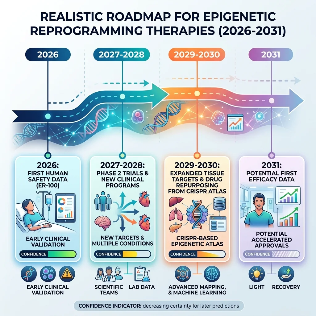 Timeline showing the projected milestones for epigenetic reprogramming therapies from 2026 to 2031