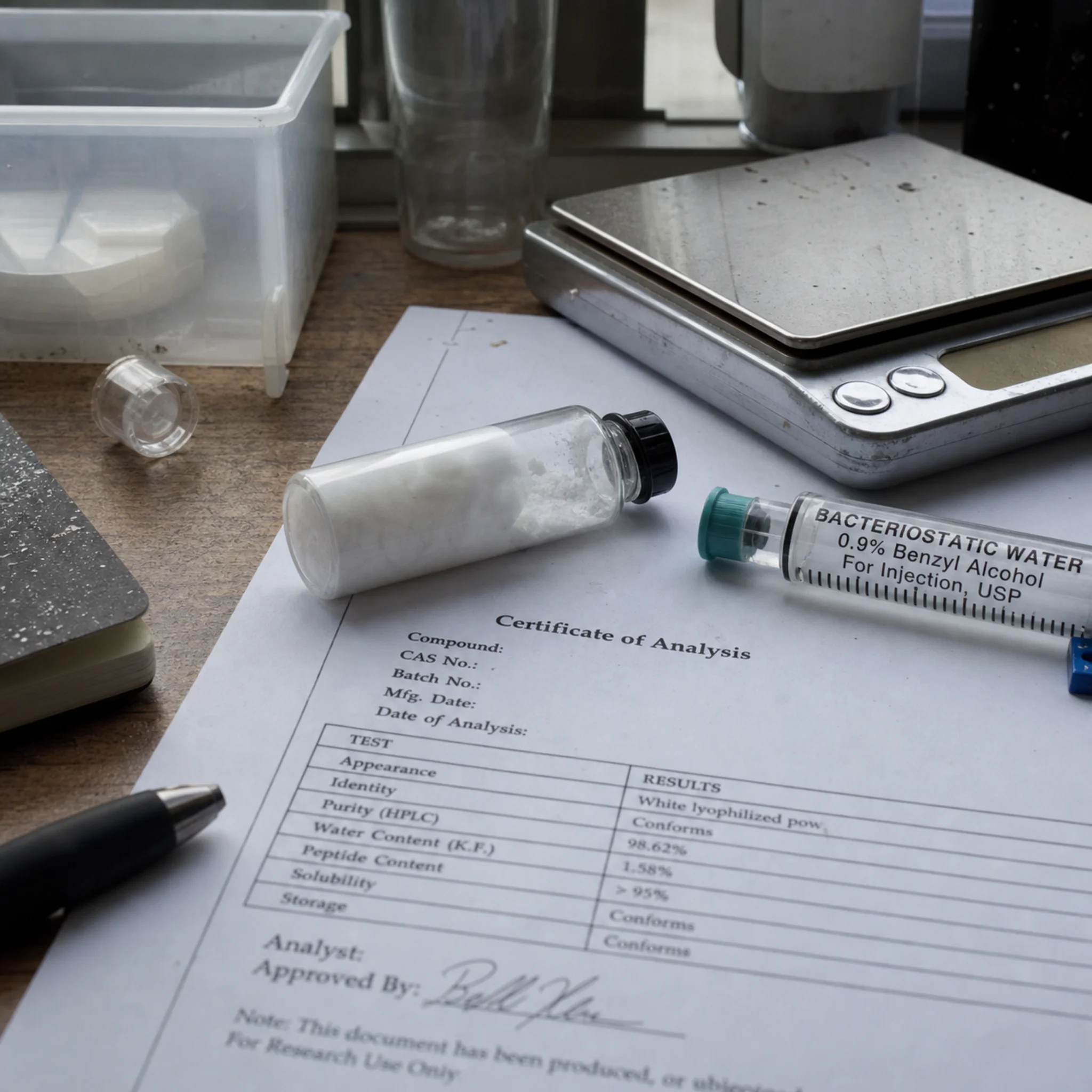 A glass vial of lyophilized peptide powder beside a syringe of bacteriostatic water and a printed certificate of analysis on a kitchen workspace