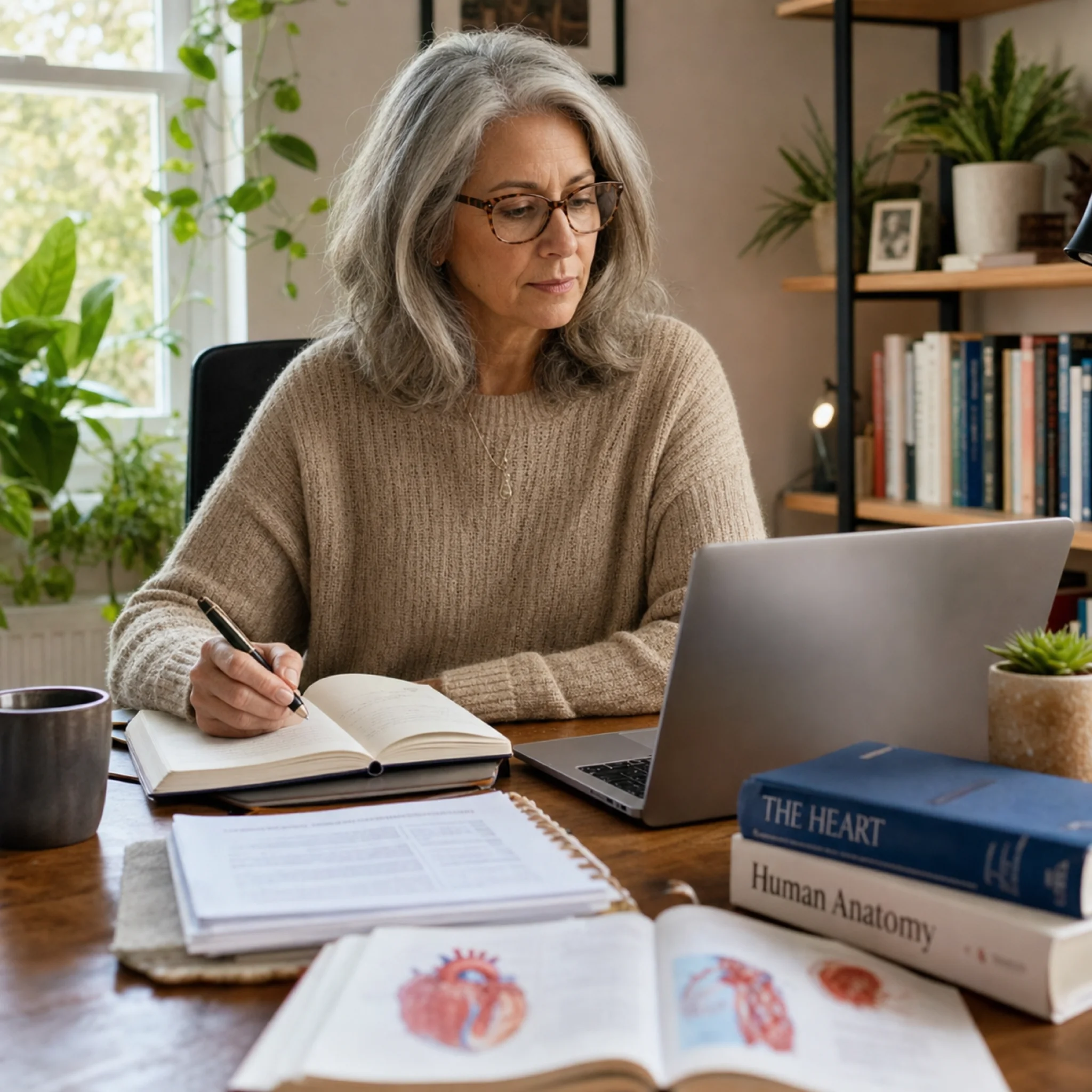 Woman researching menopause treatment options at her desk