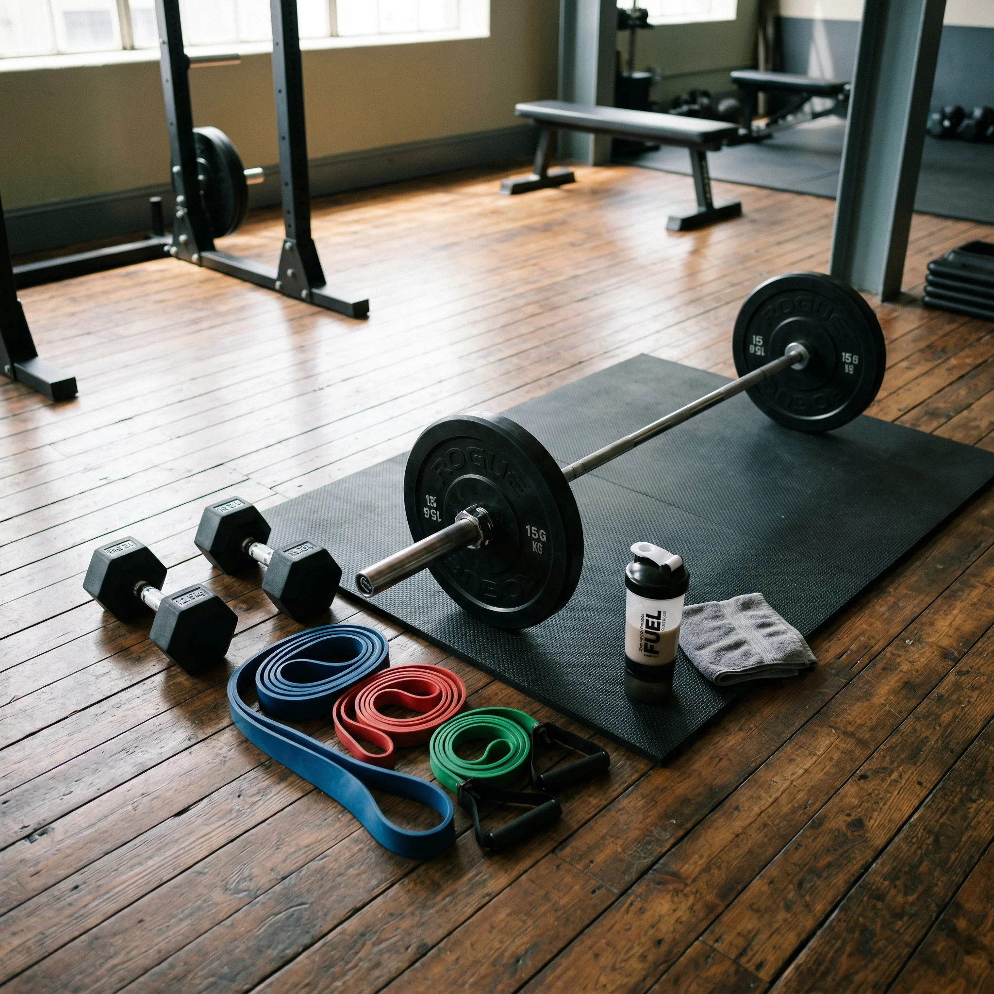 Resistance training equipment including dumbbells and barbell on a gym floor, representing the exercise needed to preserve lean mass during GLP-1 treatment
