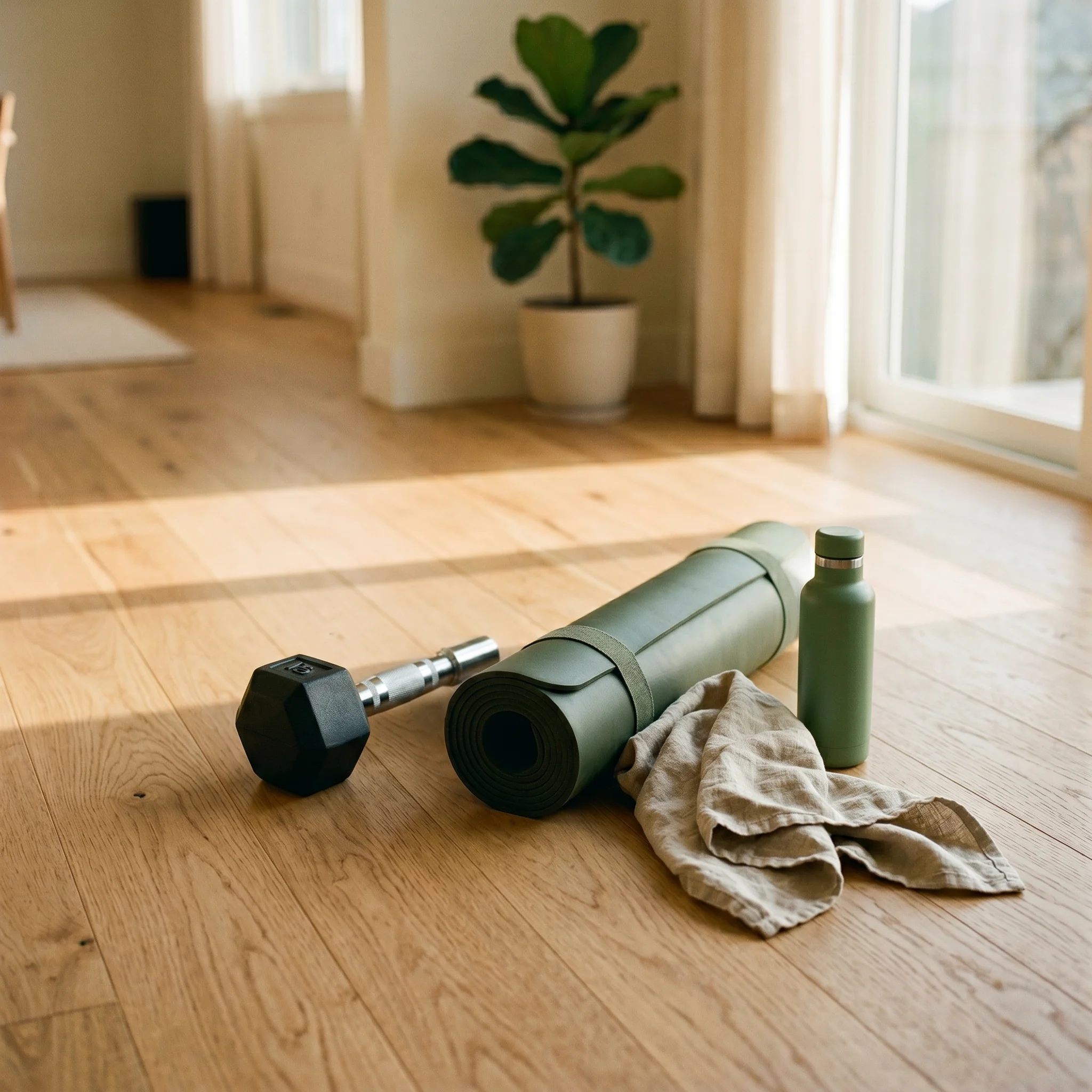 A hex dumbbell, a rolled yoga mat, a linen towel, and a water bottle on a light-oak wood floor