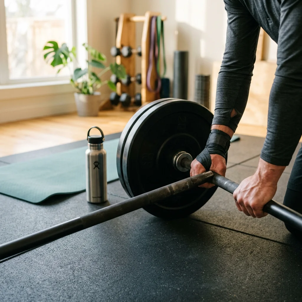 Hands gripping a barbell in a home gym, illustrating the resistance training that protects lean mass and bone density during GLP-1 weight loss.