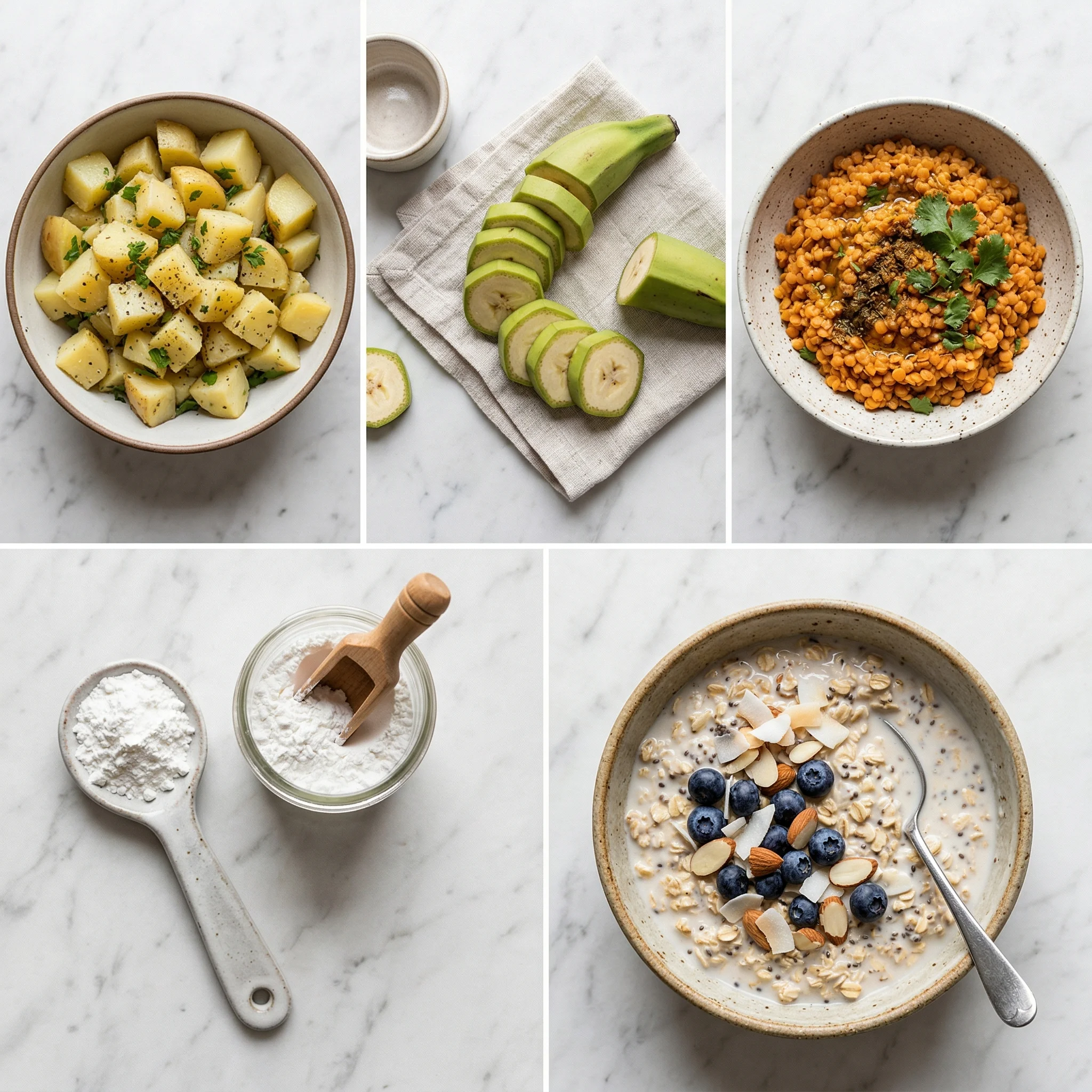 Grid of photographs showing top dietary sources of resistant starch including cooked and cooled potatoes, green bananas, lentils, and oats