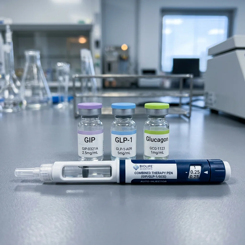 Three vials representing the GIP, GLP-1, and glucagon receptors that retatrutide activates simultaneously, with a single combined injection pen in front.