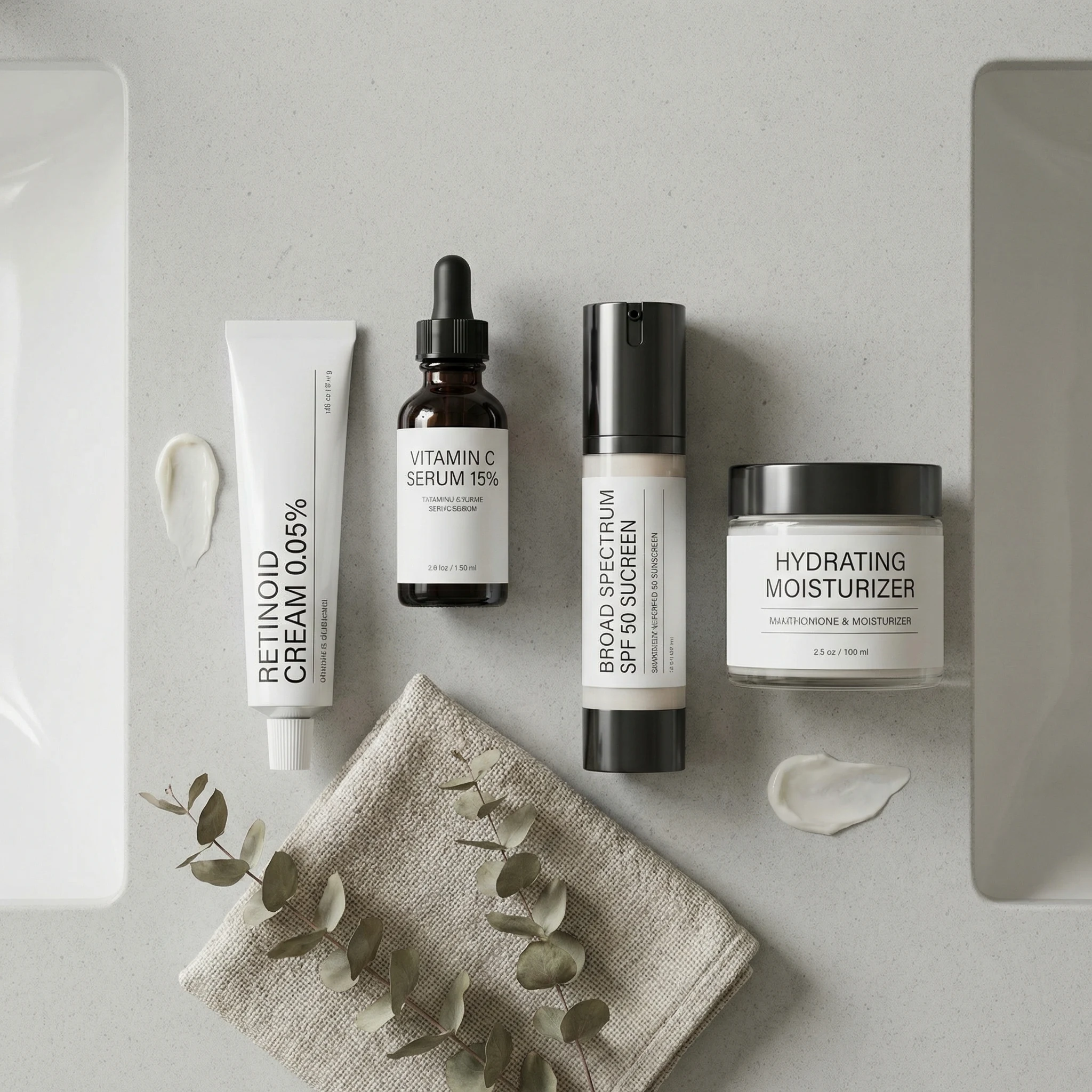 Top-down view of a structured skincare routine with retinoid, vitamin C serum, sunscreen, and moisturizer