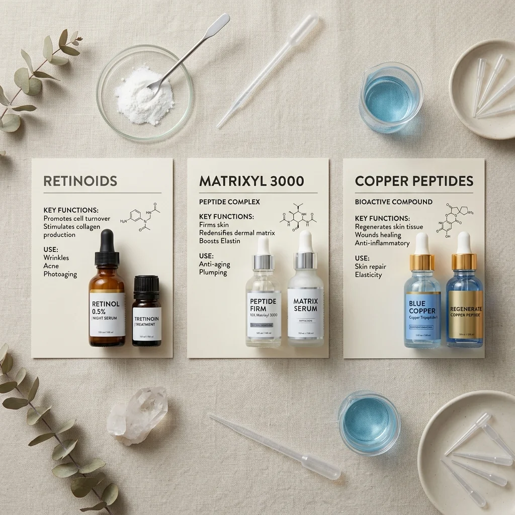 Comparison flat lay of retinoids, Matrixyl 3000, and copper peptides