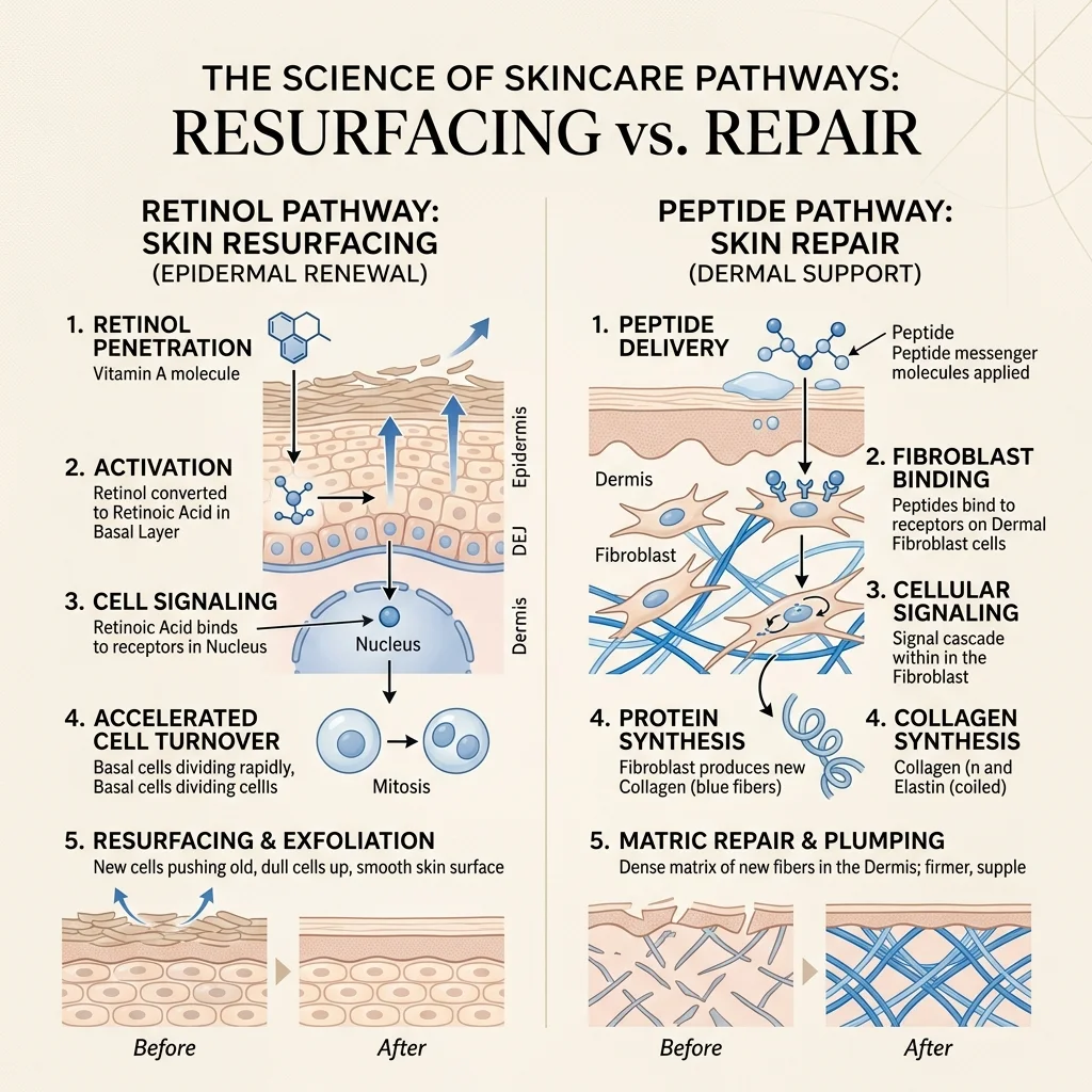 Diagram comparing retinol renewal and peptide repair signaling