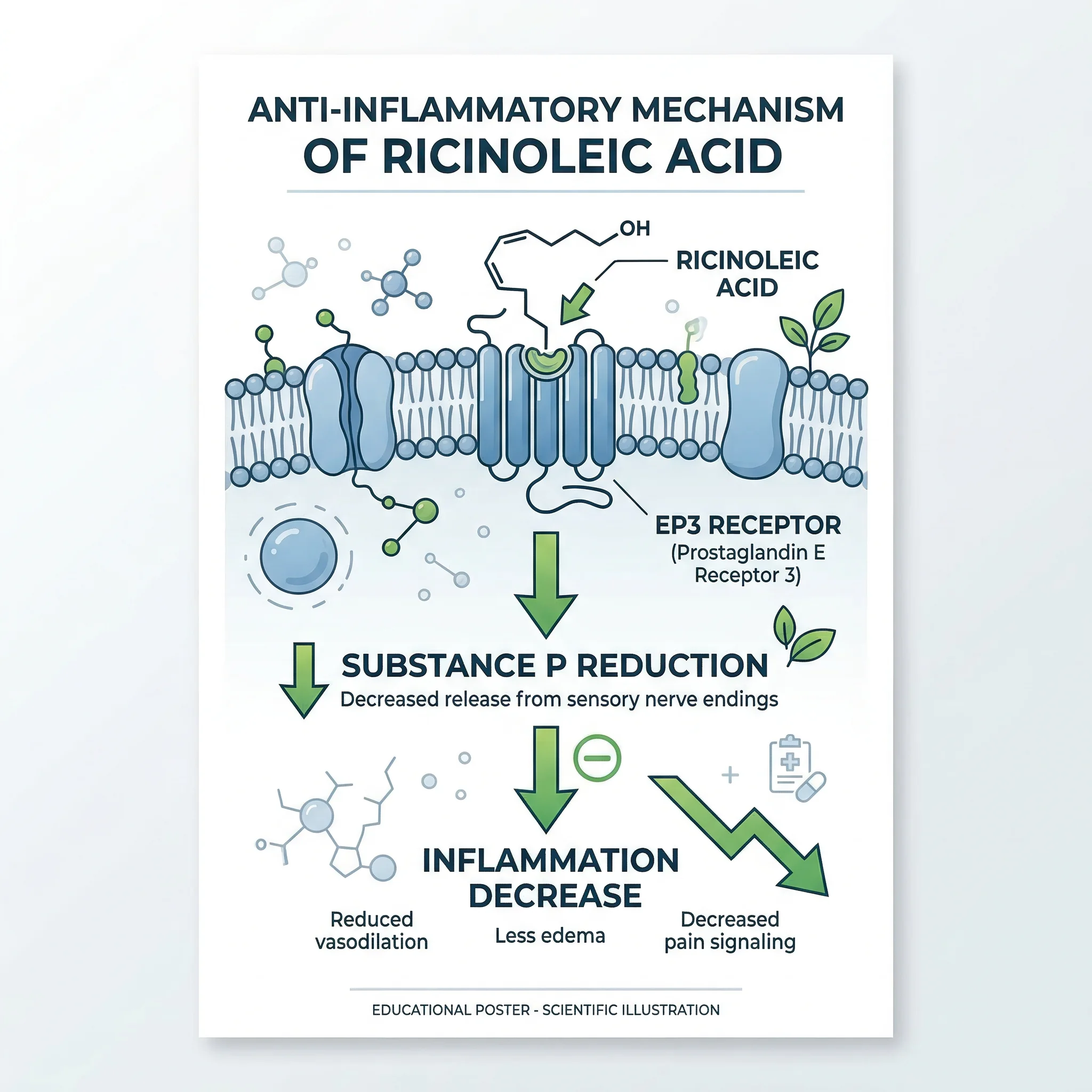 Infographic showing how ricinoleic acid interacts with EP3 receptors and substance P to reduce inflammation
