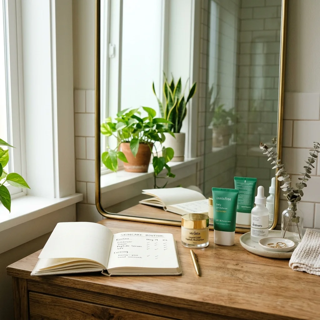 Skincare journal and products used to track a 12-week peptide routine