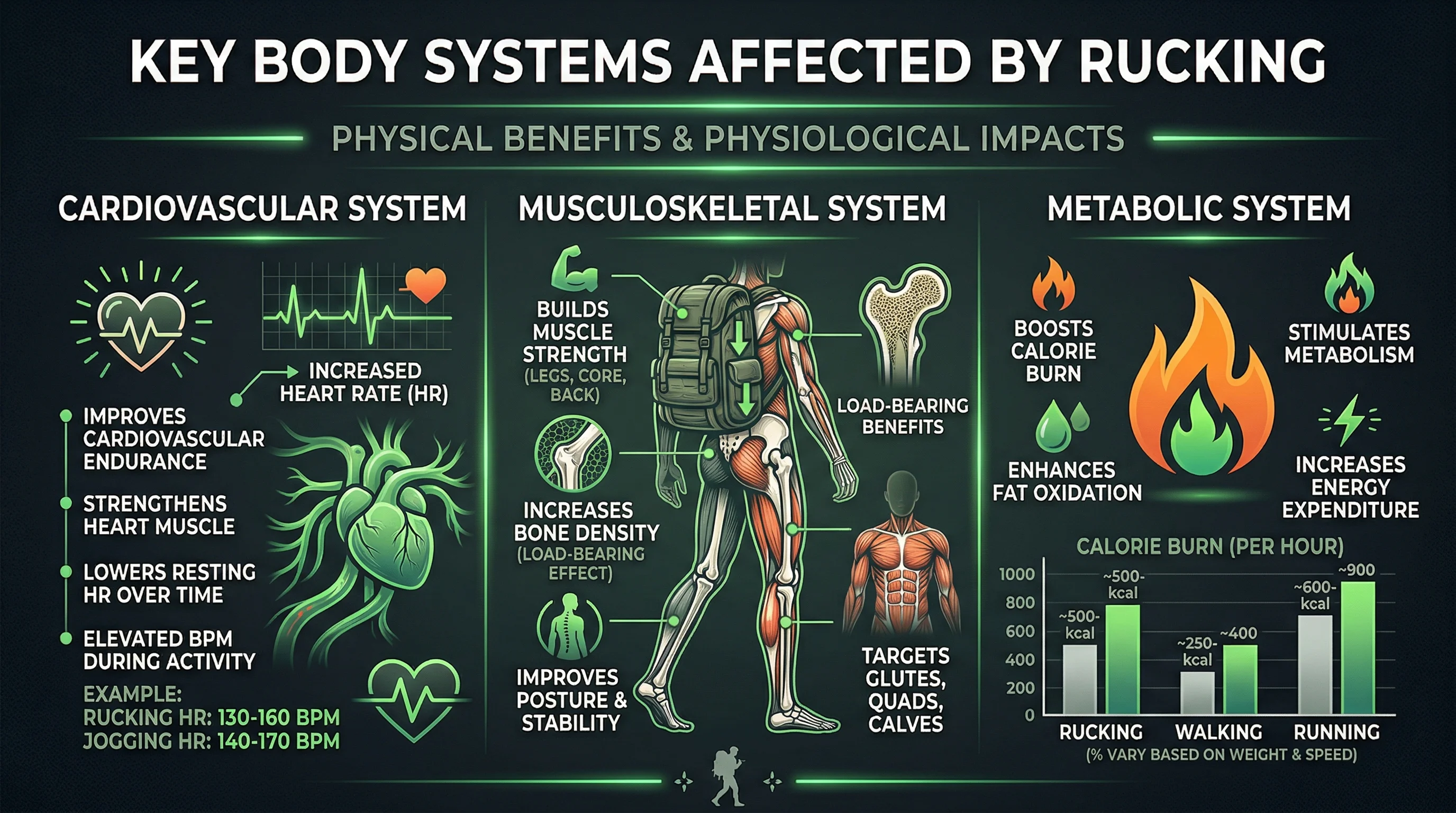 Infographic showing three body systems improved by rucking: cardiovascular fitness, bone density, and metabolic rate