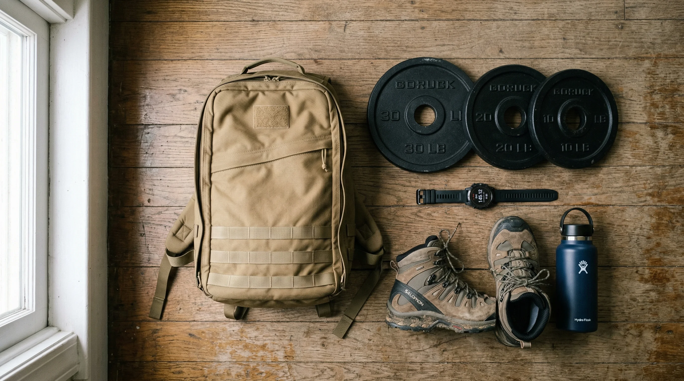 Rucking gear laid out including a rucksack, weighted plates, boots, and water bottle
