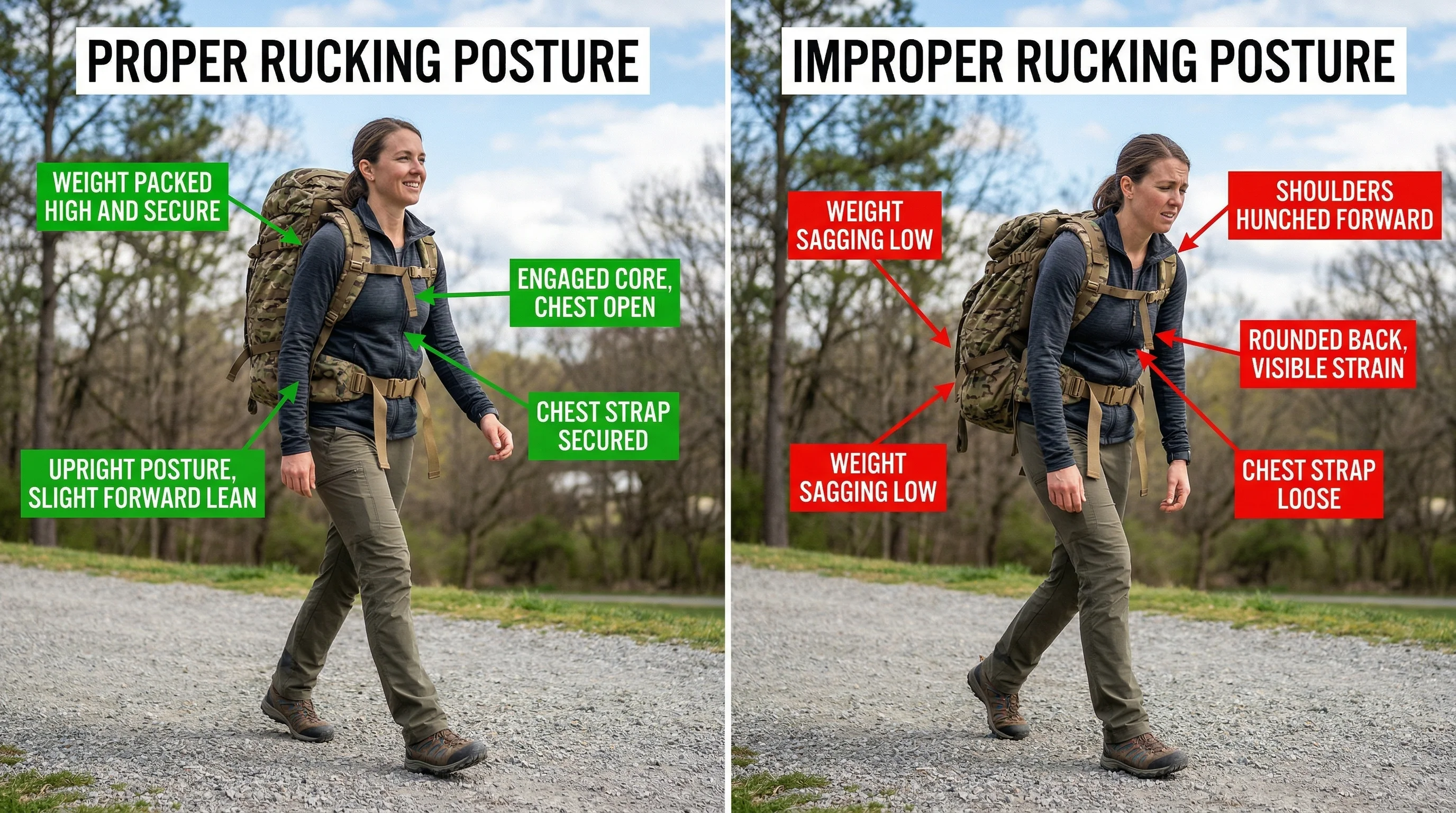 Side-by-side comparison of proper rucking posture with weight high between shoulder blades versus improper posture with sagging pack