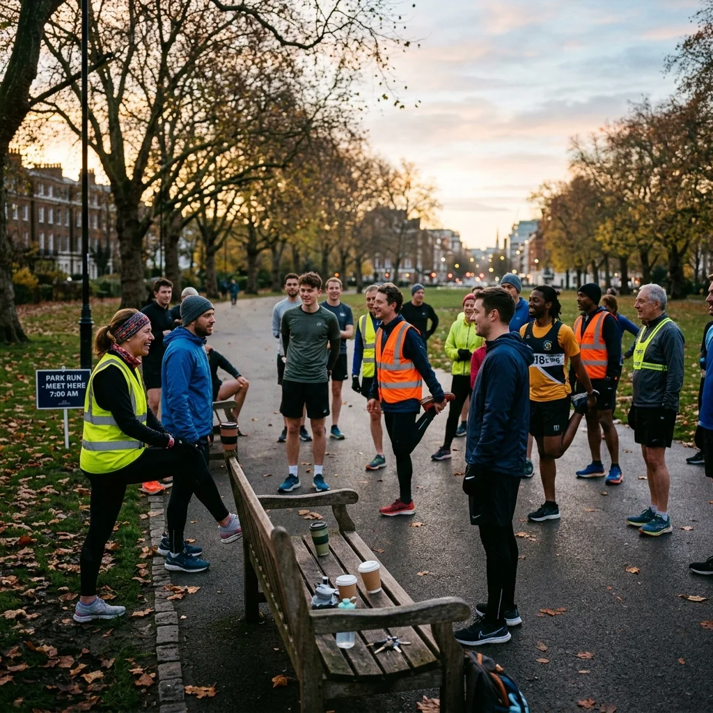 Early morning running club members stretching and socializing in an urban park before their group run