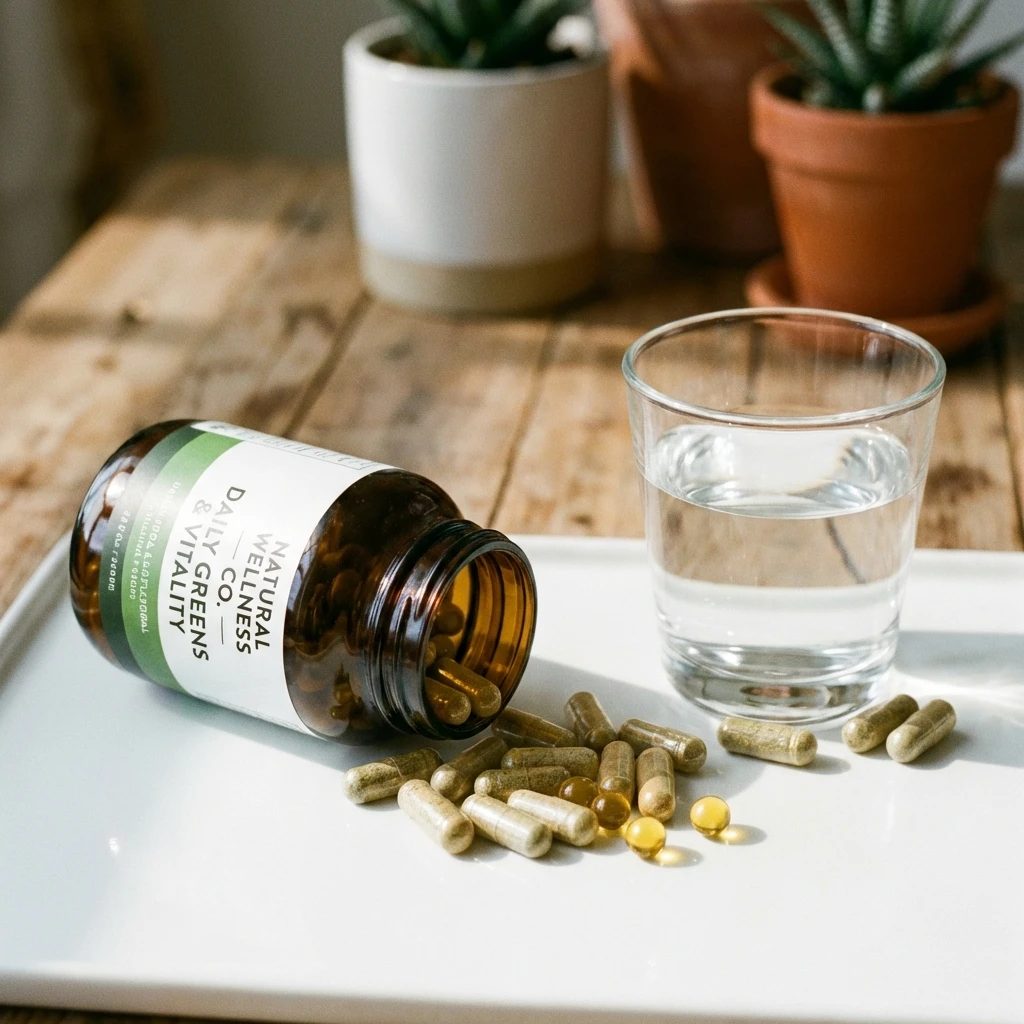 Close-up of deer velvet antler capsules next to a glass of water on a clean white countertop