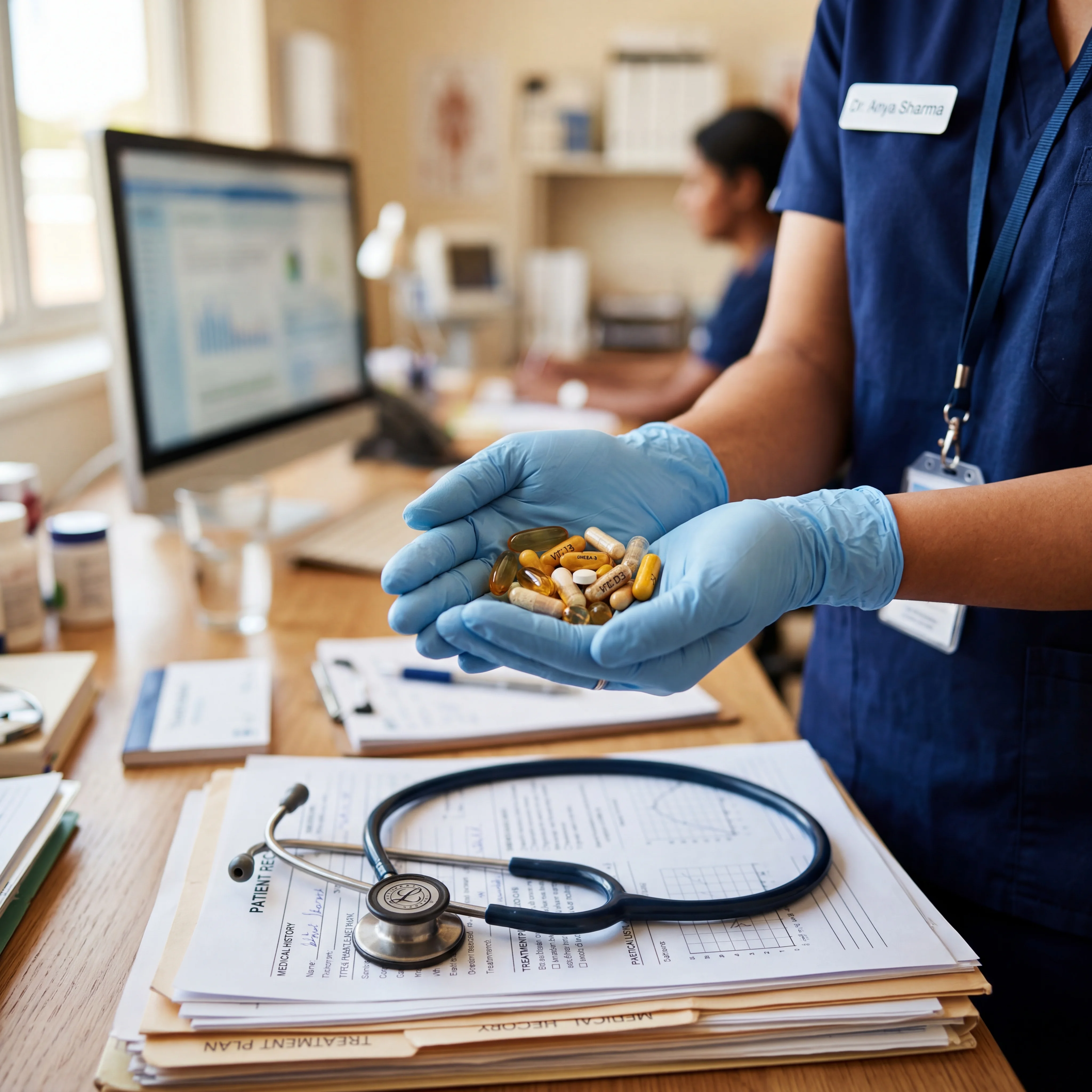 Medical professional holding supplement capsules at a desk with medical charts and stethoscope