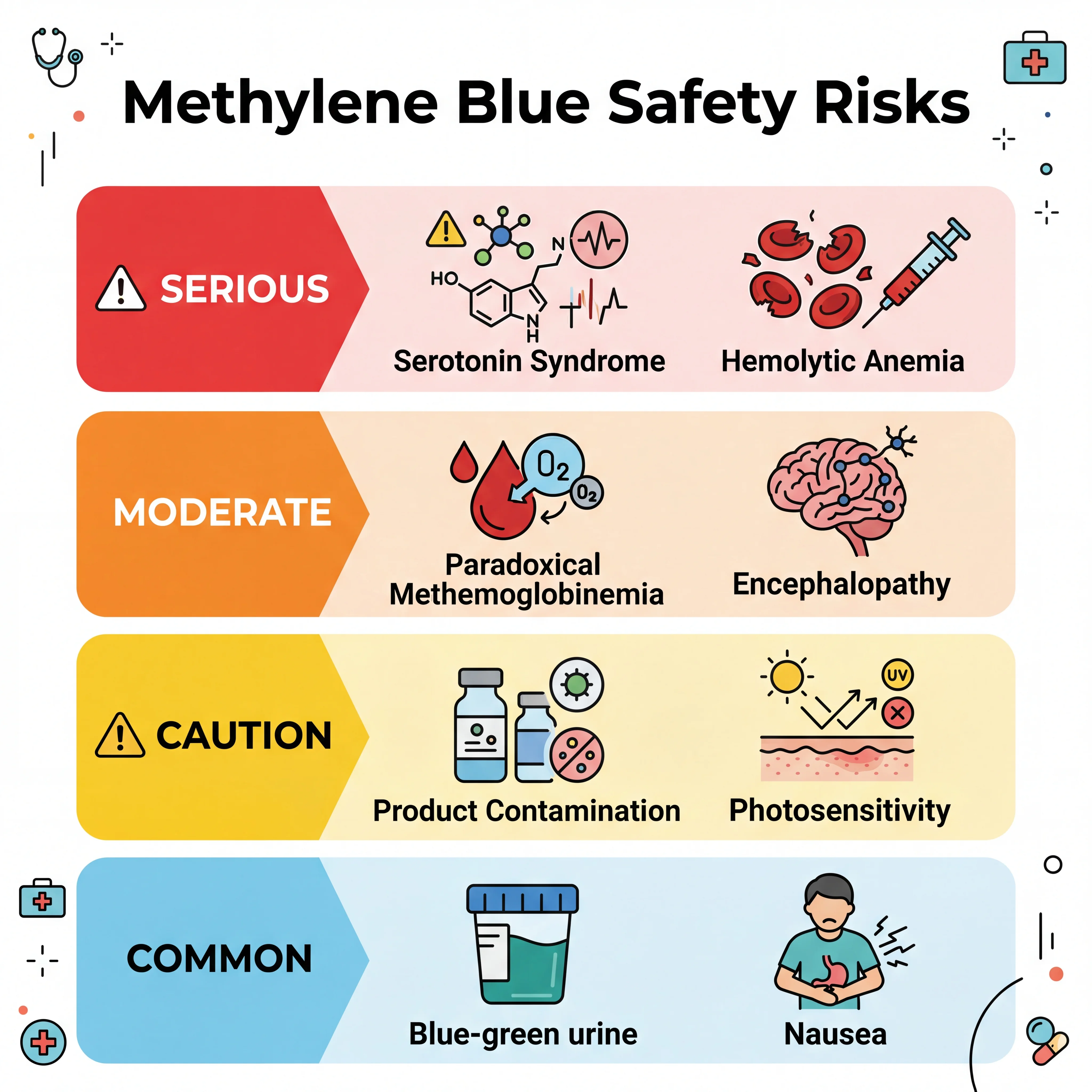Visual comparison chart of methylene blue safety risks organized by severity from mild to serious