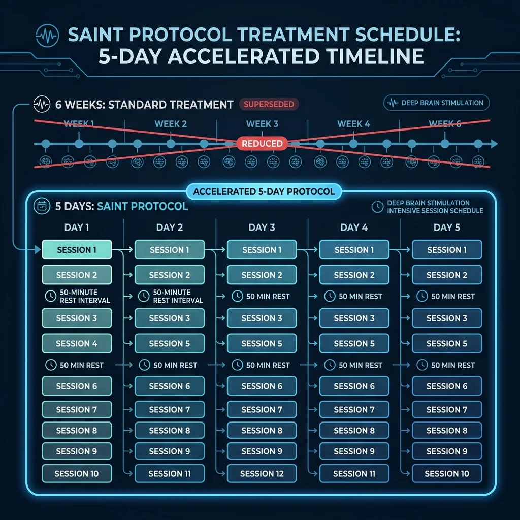 Visual timeline of the SAINT accelerated TMS protocol showing 10 daily sessions over 5 consecutive days compared to standard 6-week treatment