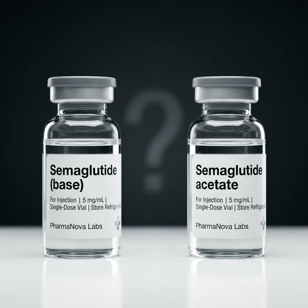 Two laboratory vials side by side, one labeled semaglutide base and one labeled semaglutide acetate, with question mark overlay