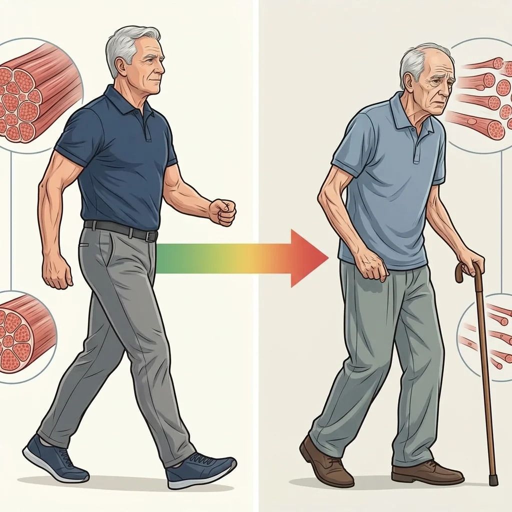 Medical illustration showing the contrast between healthy aging with preserved muscle mass and sarcopenic aging with muscle wasting, relevant to GLP-1 medication risk assessment