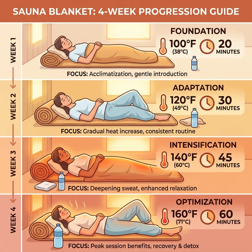 Four-week sauna blanket protocol showing gradual increases in session temperature and duration