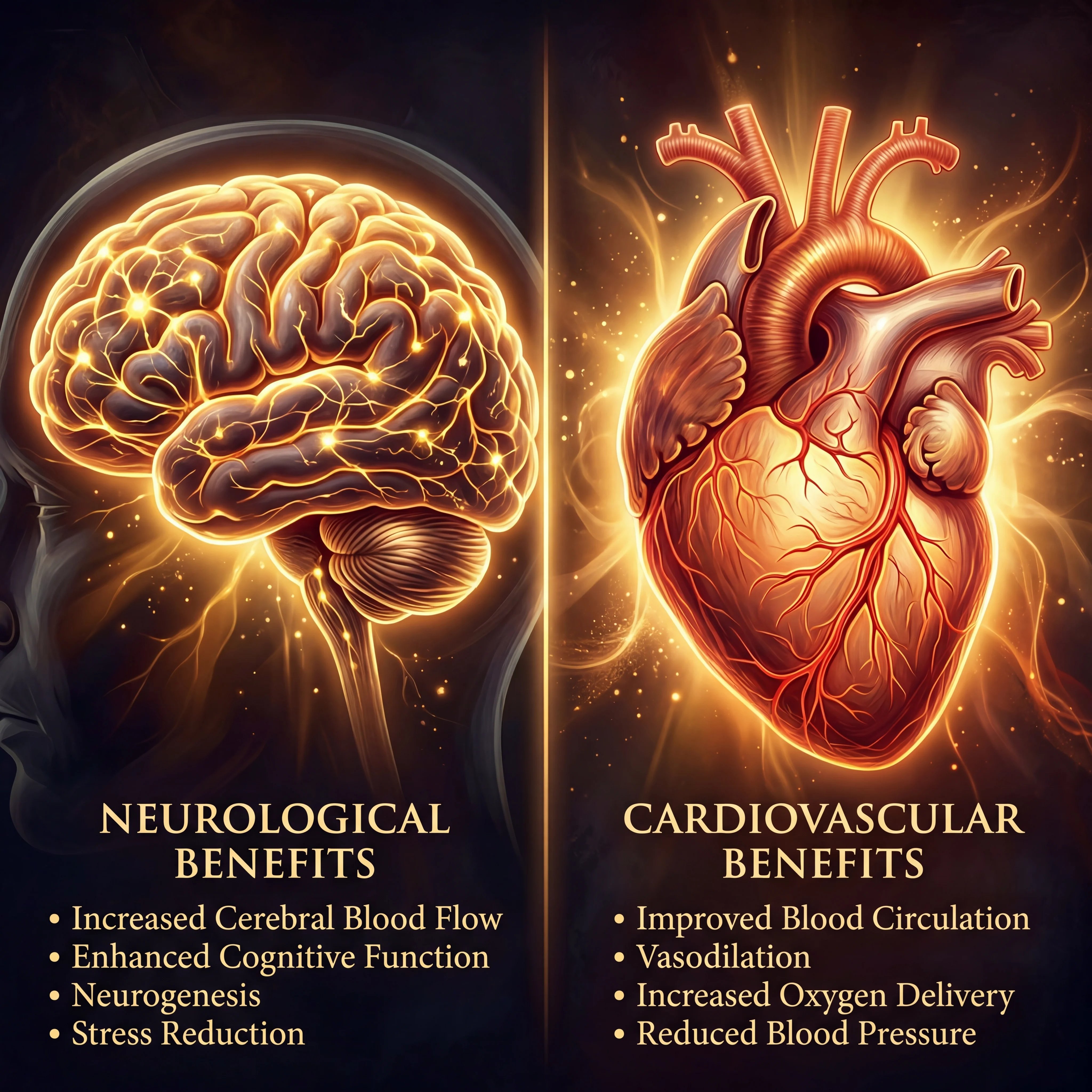 Split illustration showing brain neural pathways and cardiovascular system both benefiting from heat therapy