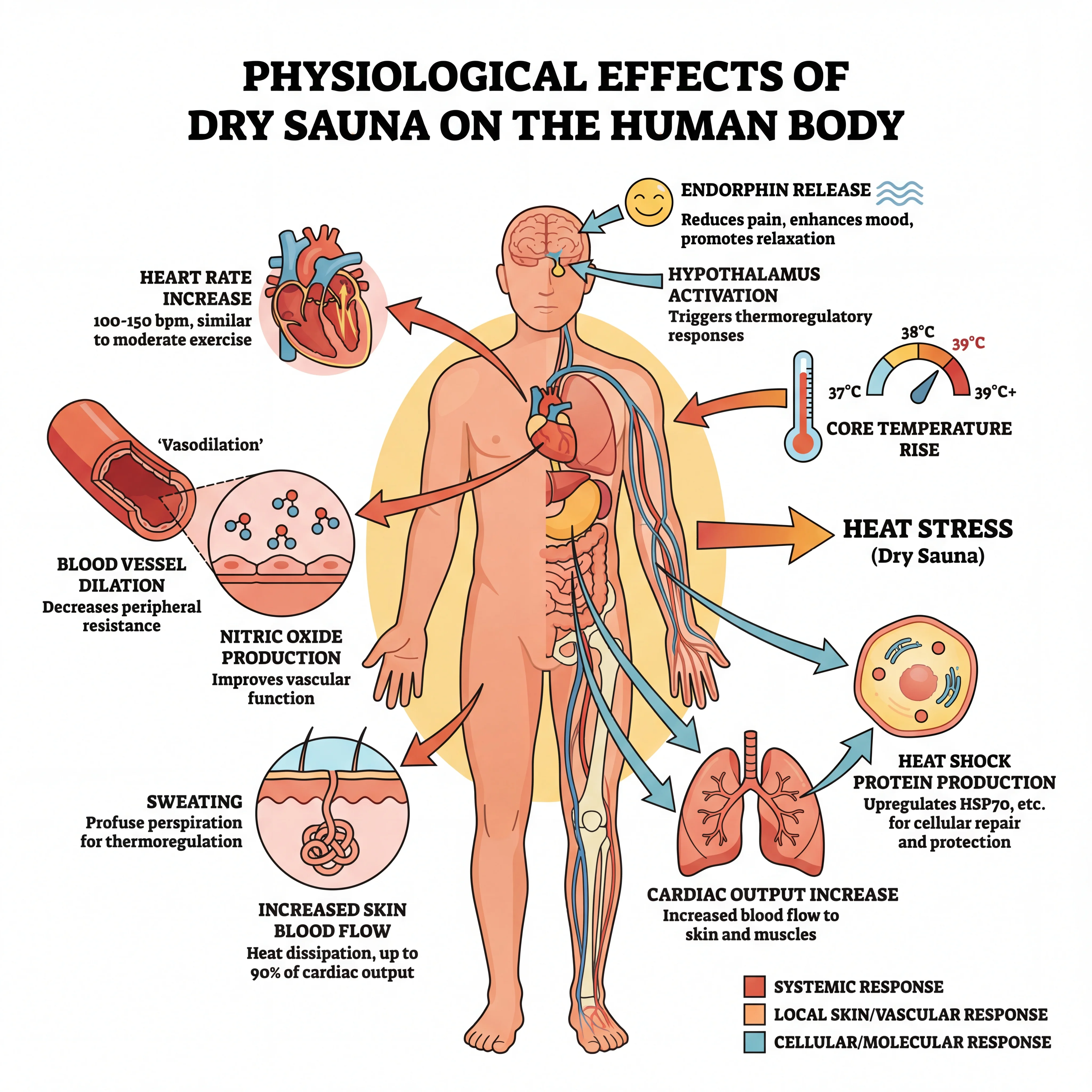 Infographic showing physiological changes during a dry sauna session including heart rate, blood flow, and cellular response