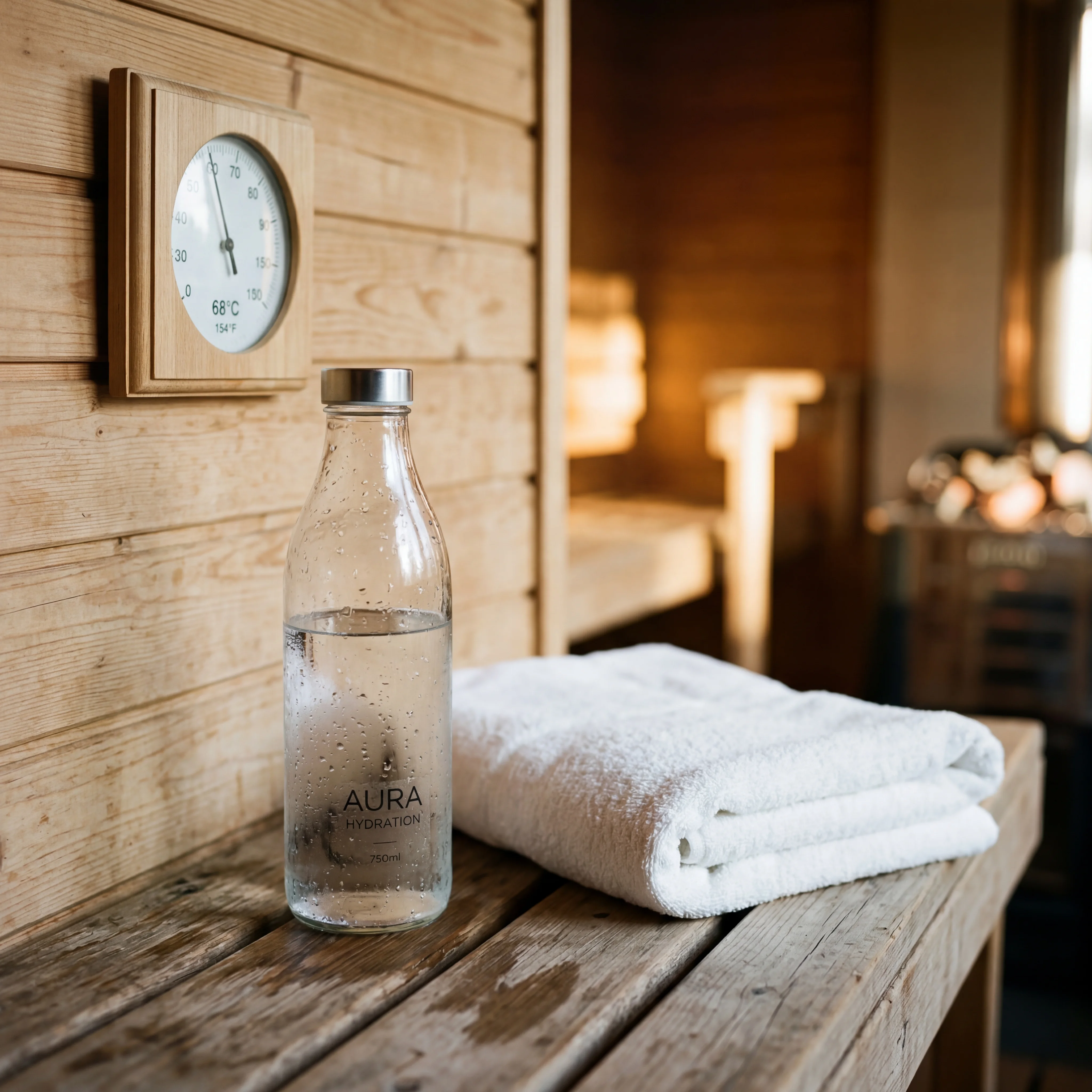 Person drinking water next to a wooden sauna with a towel and thermometer showing safe temperature range