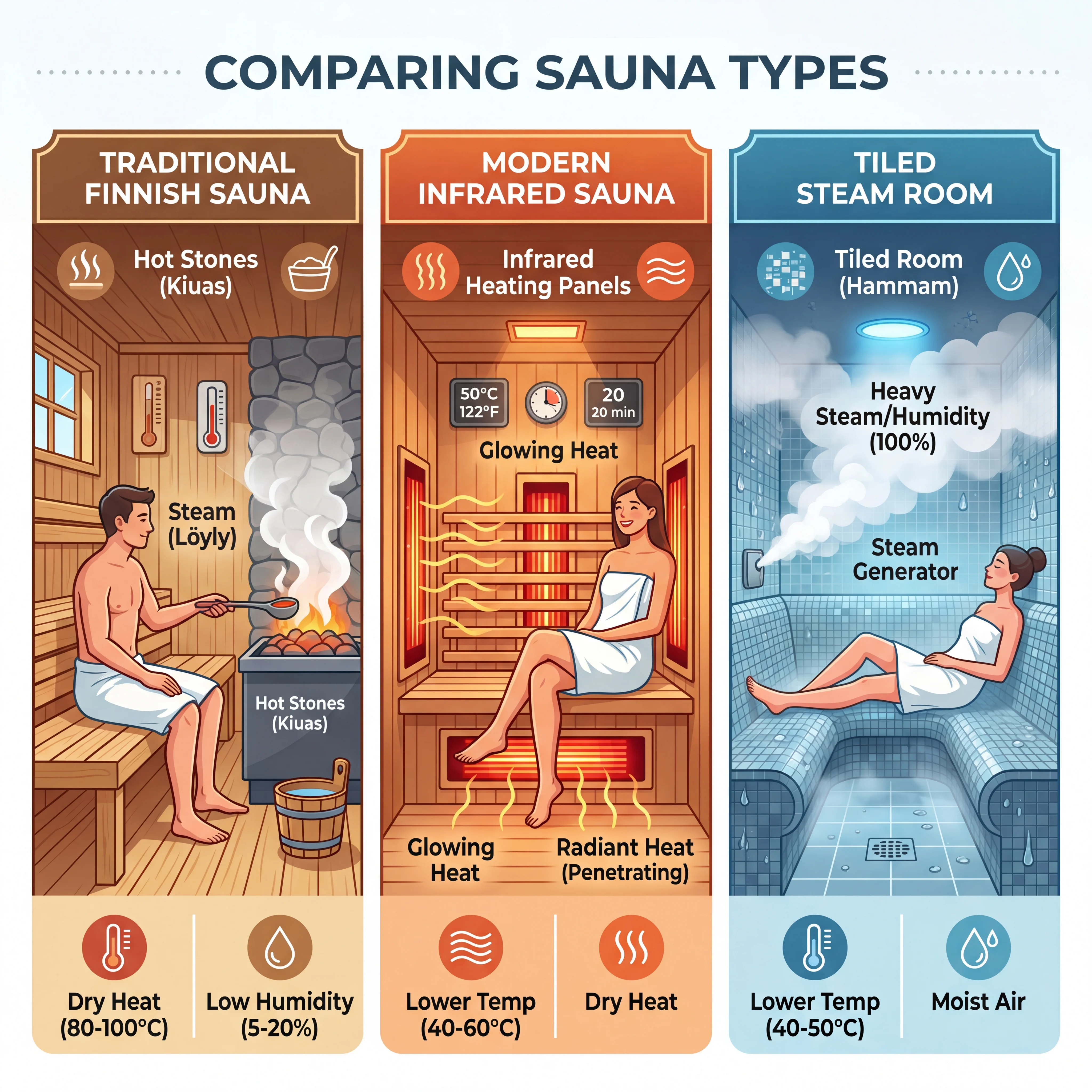 Side-by-side comparison of three sauna types showing Finnish dry, infrared, and steam room with temperature and humidity differences