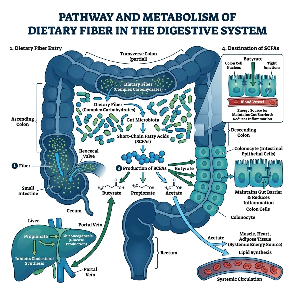 Diagram showing how dietary fiber is fermented by gut bacteria into short-chain fatty acids